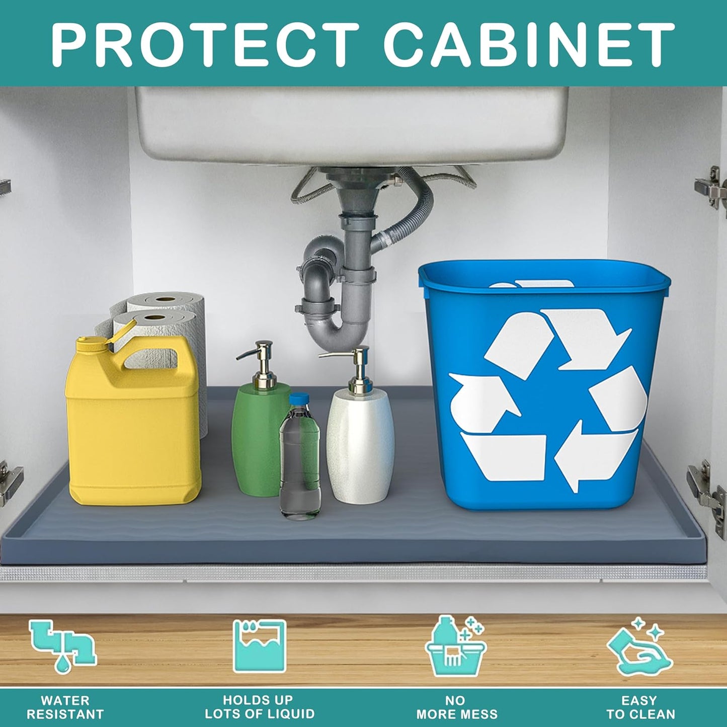 URMONA Waterproof Silicone Under Sink Mat 16'' x 10'' Shelf Liner for Kitchen and Bathroom, Cabinet and Counter Protector, Storage and Organizers, Litter Mat, Pet Cat Puppy Essentials(Light Grey)