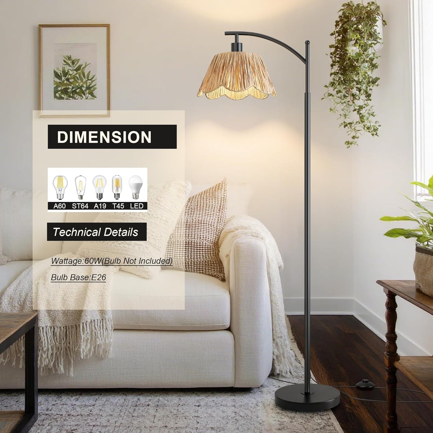 Oneach Arc Floor Lamp for Living Room,Rattan Boho Floor Lamp with Hand-Woven Wicker Shade, Foot Switch,Black Metal Base & Pole,Farmhouse Standing Lamp for Bedroom Corner,Reading