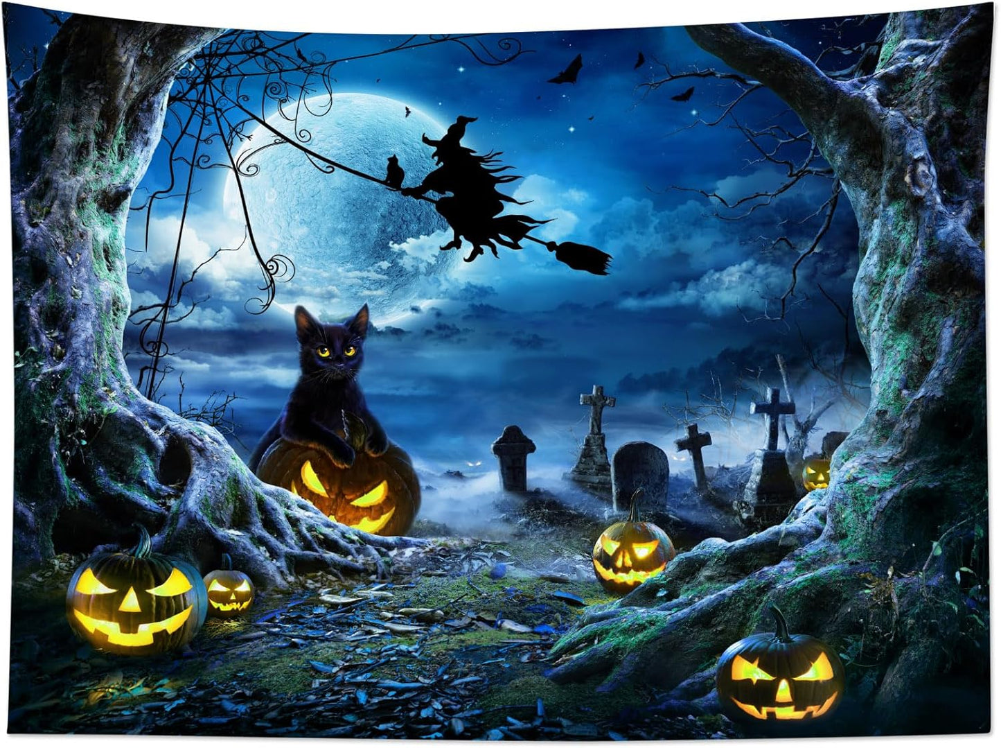 LB Halloween Wall Tapestry 60x40 Inch - Spooky Graveyard Scene with Witch, Black Cat, Pumpkin, Full Moon & Dead Tree Decor for Bedroom, Living Room, Dorm, Party
