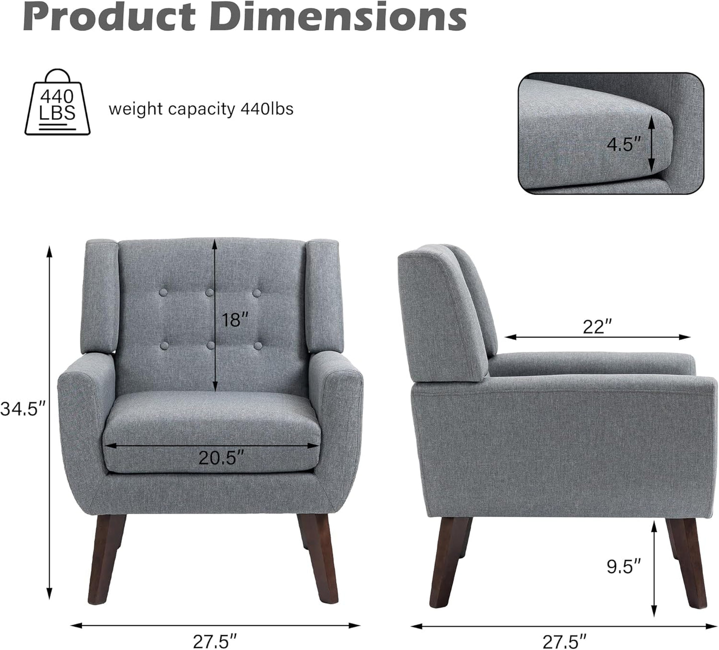 UIXE Accent Chair, Modern Upholstered Armchair in Fabric for Living Room, Comfy Club Arm Chairs Single Sofa Button Tufted Bedroom Reading Seat - Gray, Set of 4