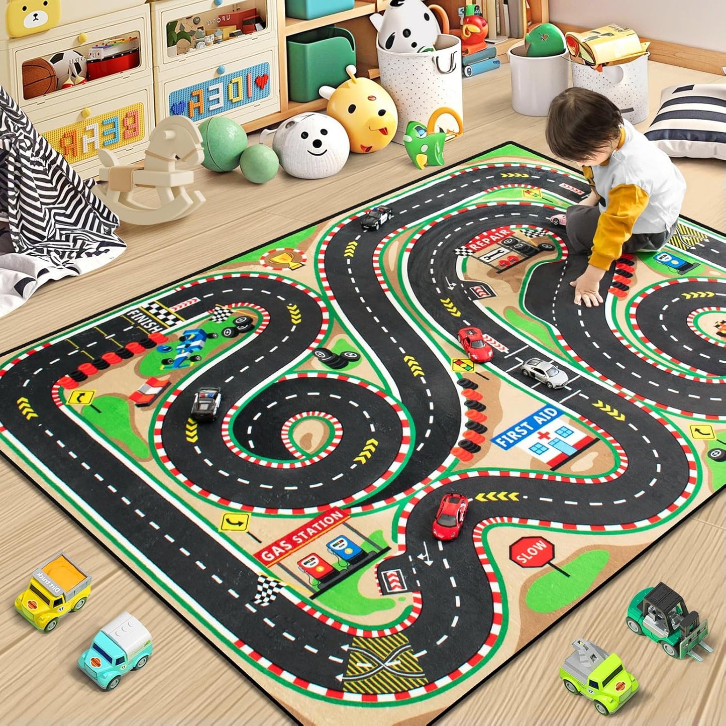 Kids Rug, Race Track Baby Play Mats, Realistic 3D Cascading Surround Route, 6x9 Ft Kids Rug for Playroom, Great for Playing with Cars and Toys, Non-Slip Car Carpet