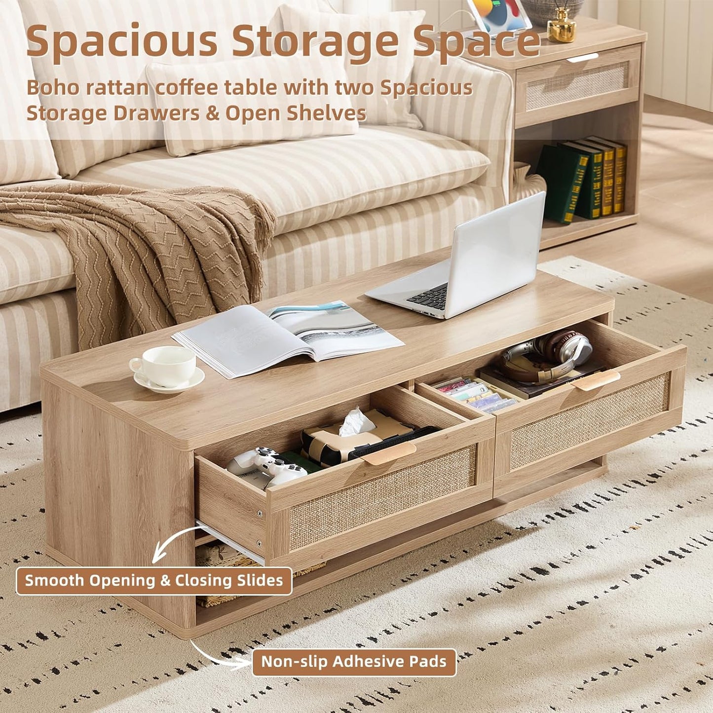 LEYAOYAO Boho Rattan Coffee Table and End Table Sets, 48" Wide Center Tables & 23" Night Stand with Charging Station Chest of Drawers, Natural Wood Coffee Table for Living Room 2 Piece Set