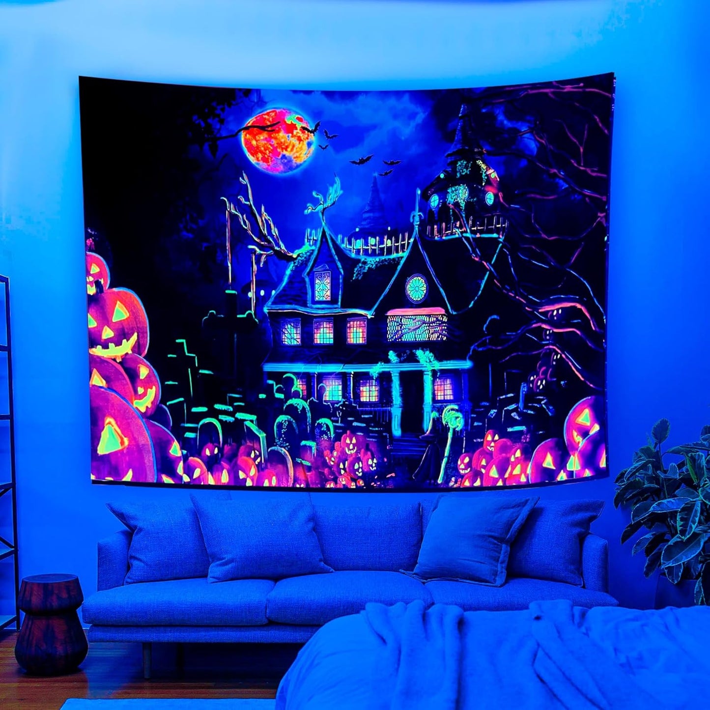 OSVINO Blacklight Halloween Castle Tapestry 79"x59" Pumpkins Bats Crosses Backdrop Bedroom Aesthetic Hippie Room Decor Glow in The Dark Wall Poster for Halloween Easter