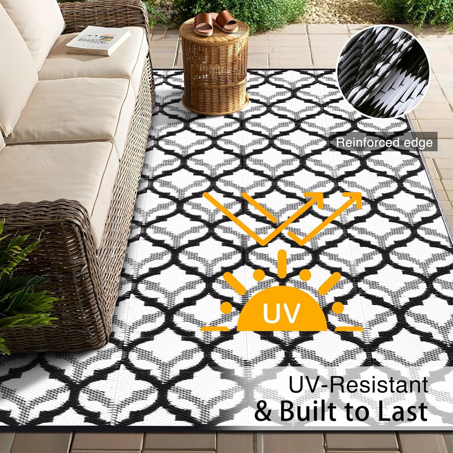 OLANLY Reversible Outdoor Rug 8x10 ft Clearance, Waterproof Outdoor Plastic Straw Rug with Interlacing Pattern, RV Mat for Patio, Camping, Balcony, Deck, Backyard, Black & White