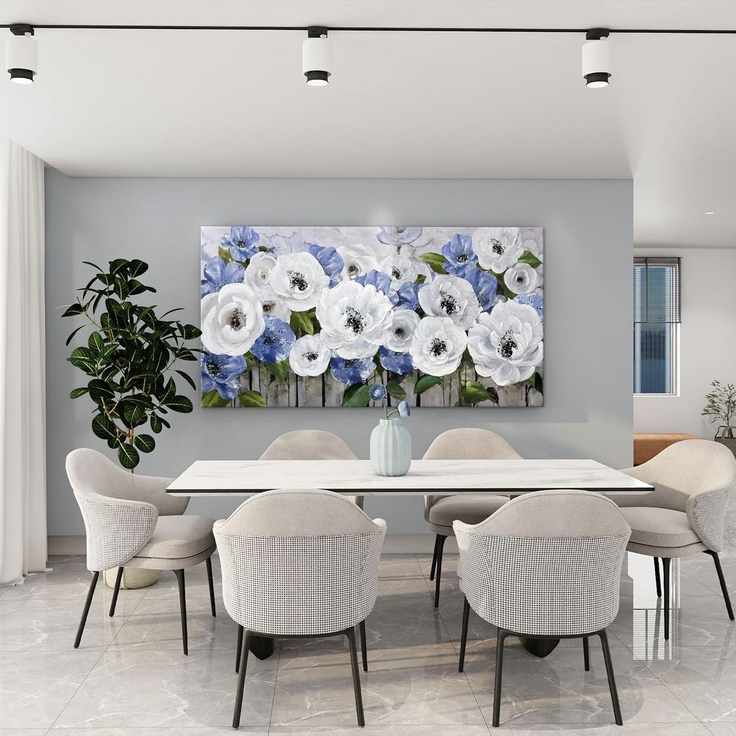 Large Canvas Wall Art for Living Room, Blue and White Textured Floral Wall Art, Flower Wall Pictures and Paintings, Nature and Landscape Artwork, Bedroom Wall Decor