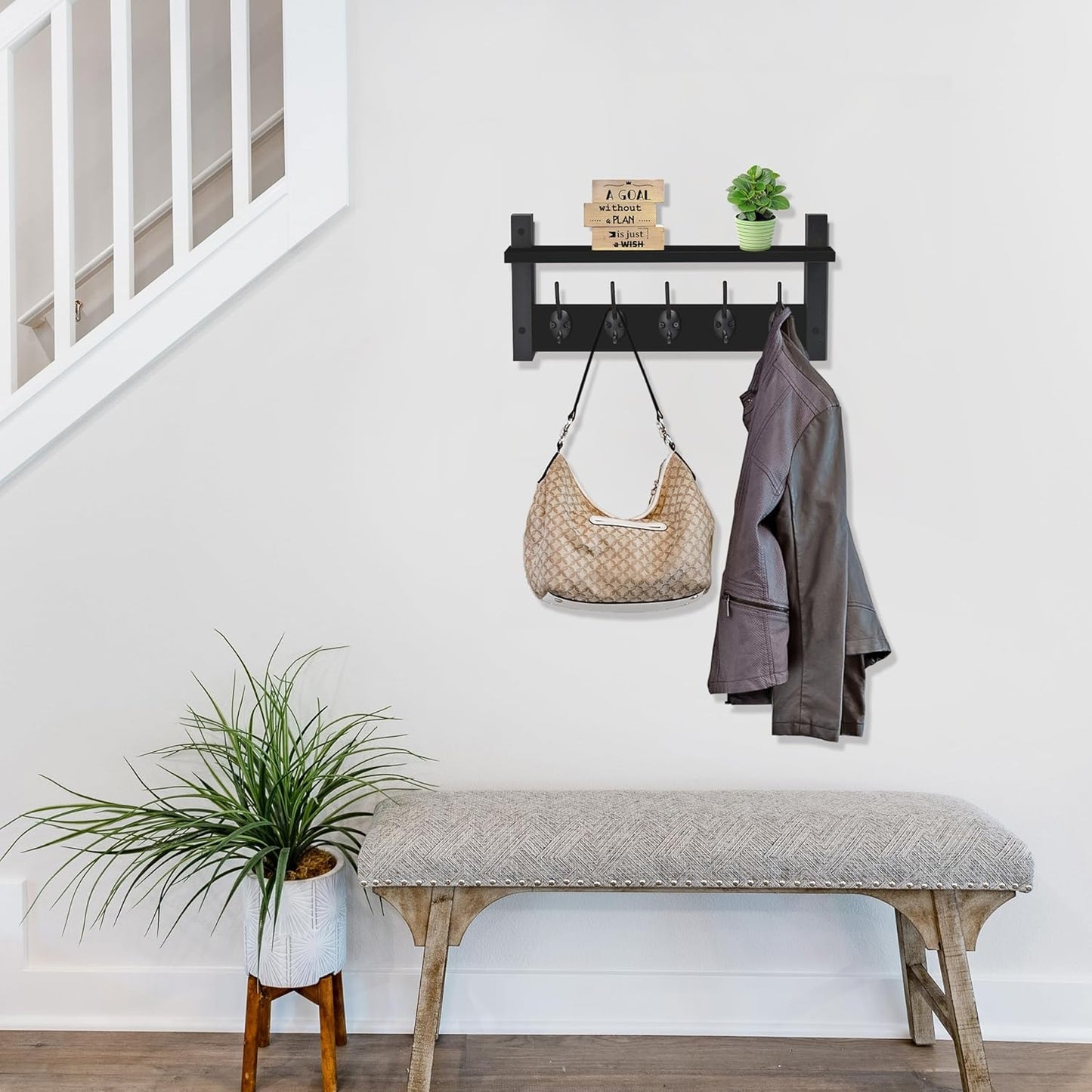 Sorbus Coat Hooks Wall Mount with Shelf – 16 Inch Coat Rack Wall Mount with 5 Heavy Duty Hooks – Floating Wall Shelf with Hooks for Entryway, Bathroom, Bedroom, Kitchen, or Mudroom (Black)