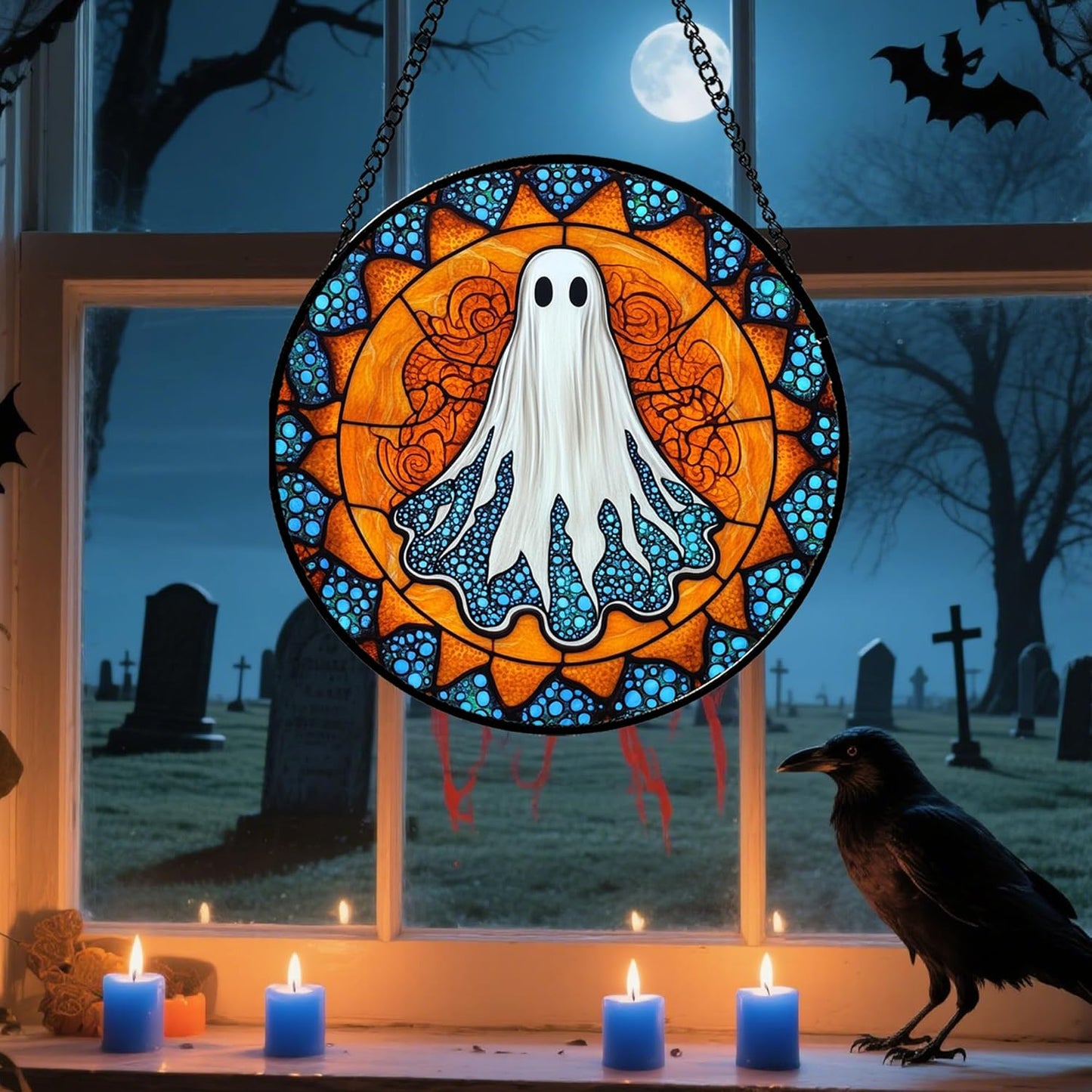 Stained Glass Window Hanging - Halloween Decorations White Ghost Suncatcher for Doors Garden Indoor Spooky Funny Blue Sun Catchers Gothic Decor Horror Gifts for Women Men Friend 9.8 in
