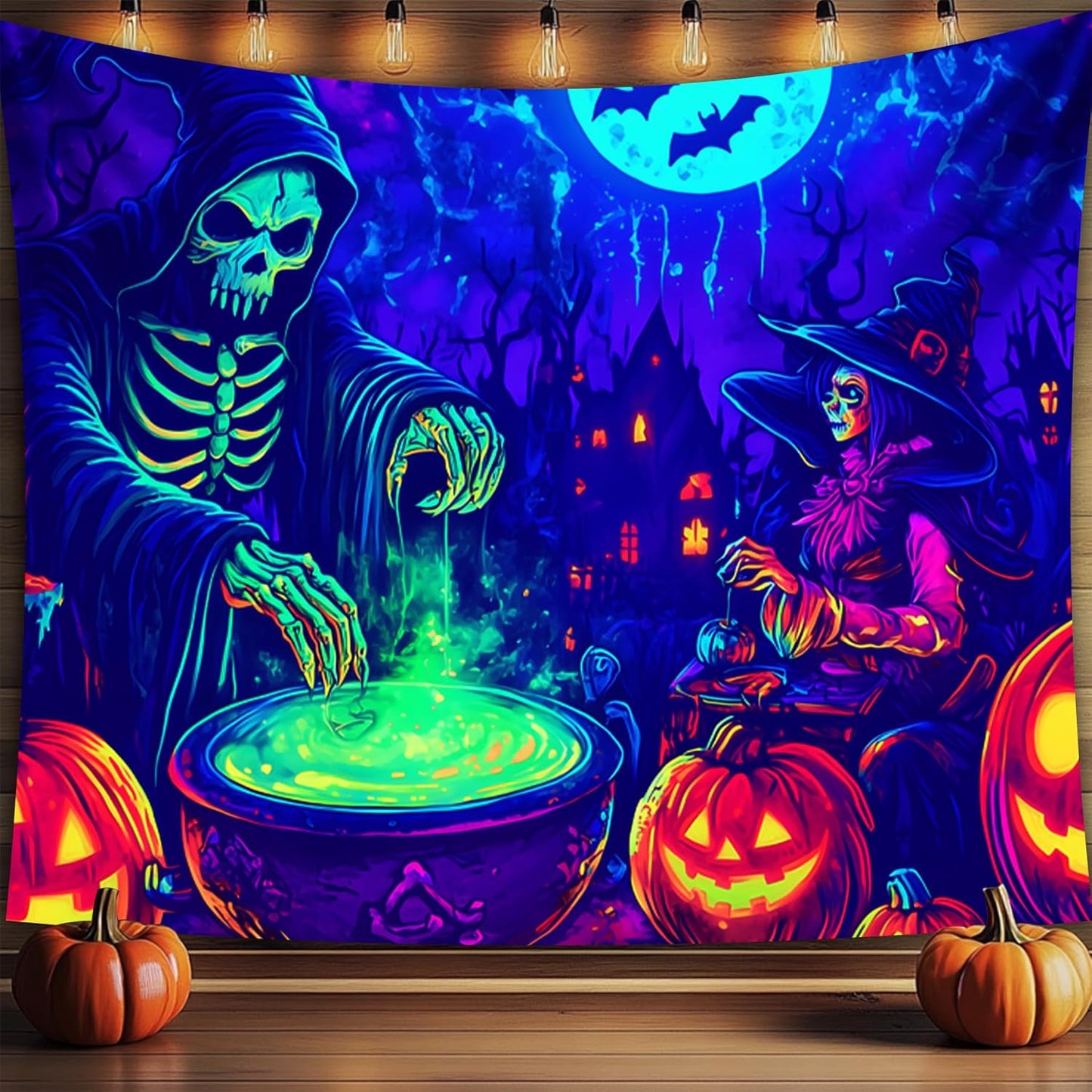 Halloween Tapestry, Blacklight Tapestry for Halloween Party Decor Hanging Tapestries Backdrop Wall Art Poster for Bedroom Dorm 90x70in