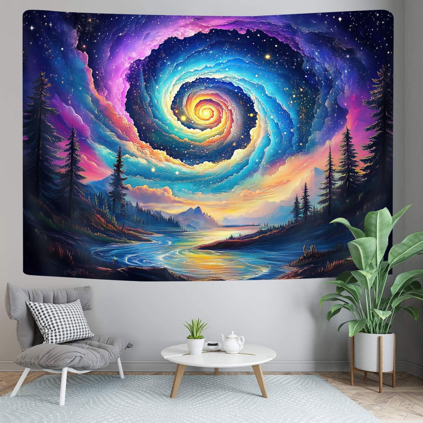 Galaxy Space Tapestry, Cool Colorful Trippy Forest Mountain River Aesthetic Tapestries, Psychedelic Starry Sky Swirls Misty Fantasy Landscape Tapestry Wall Hanging College Bedroom for Guys Men 60X40