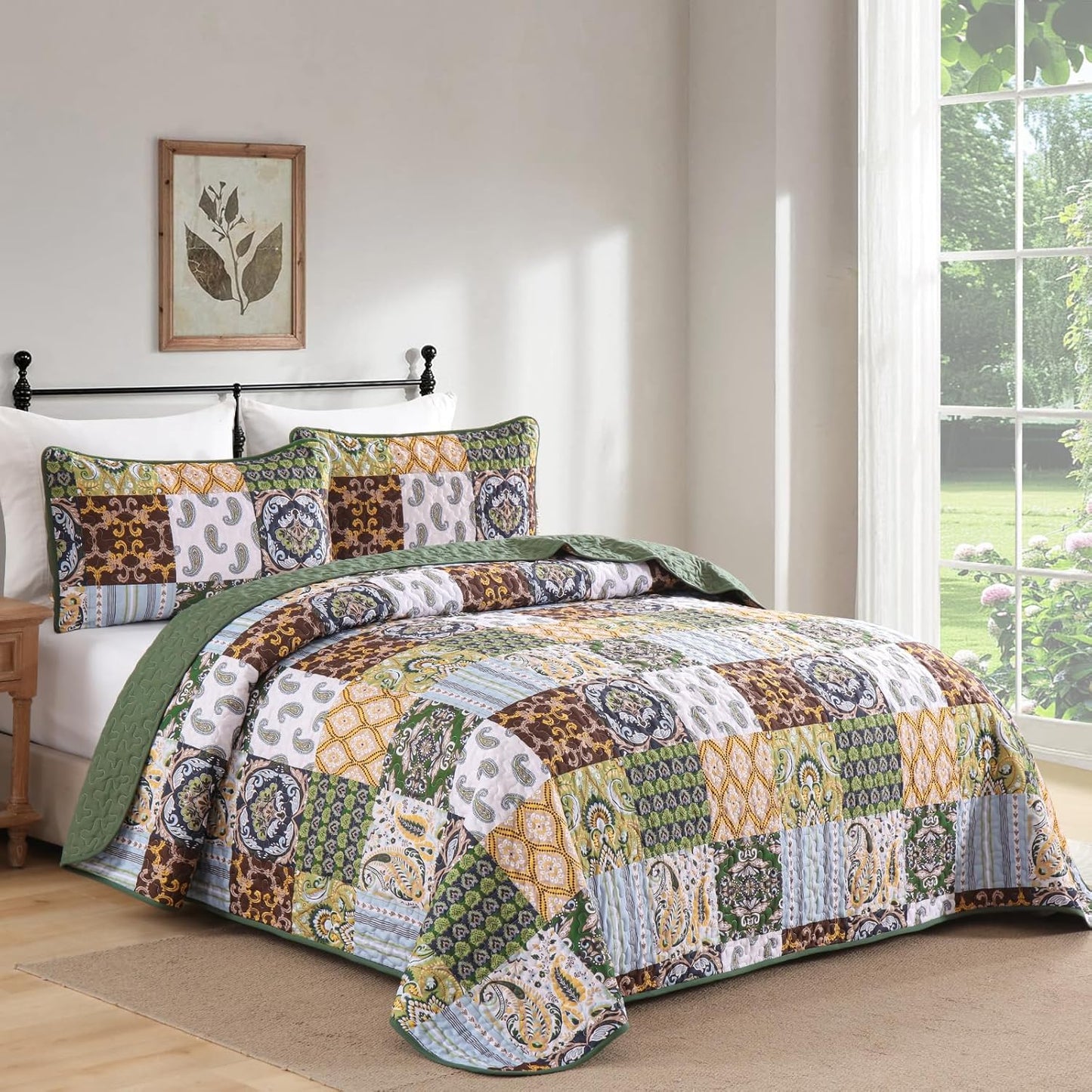 WONGS BEDDING Boho Quilt Set King Size, Plaid Patchwork Bedspread Bedding Set Soft Microfiber Quilt for King Bed Reversible 3 Pieces Coverlet Set for All Season (Brown Olive 104"x90")