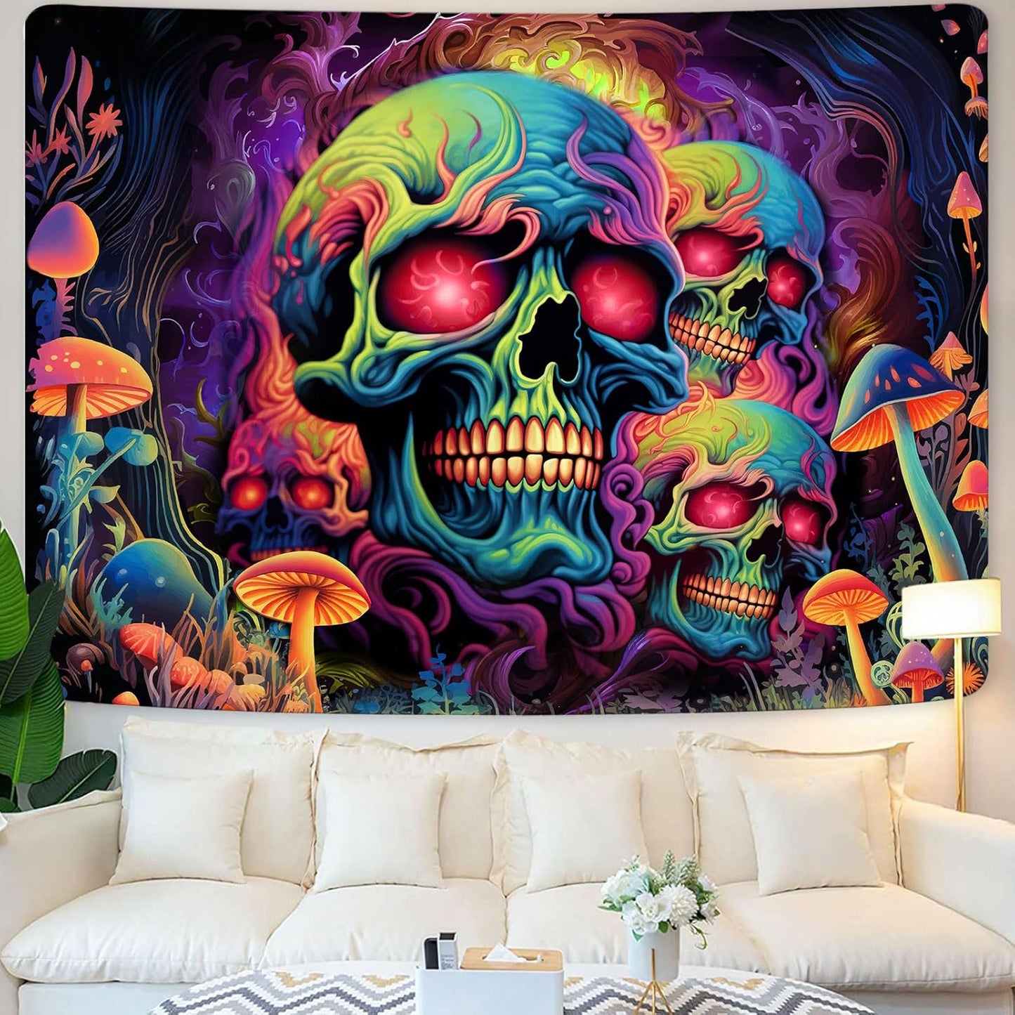Skull Blacklight Tapestry, UV Reactive Skeleton Wall Art for Bedroom, Adults' Black Light Posters, Halloween Horror Glow in Dark Tapestry Aesthetic Living Room Dorm Decor 60x40IN