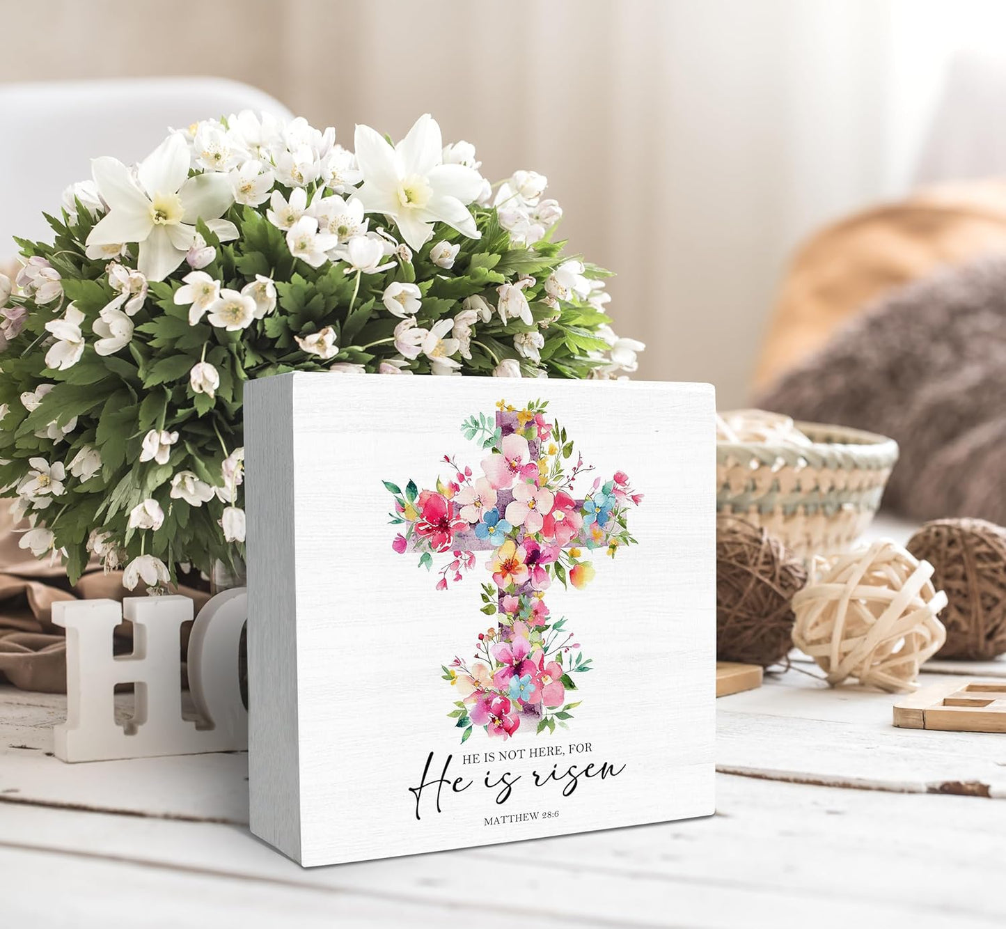 SRADMO He Is Risen Sign, Floral Cross Easter Christian Wood Box Sign Desk Decor, Christian Easter Decorations, Easter Theme Wooden Block Box Decoration for Home Office Shelf Table Decor