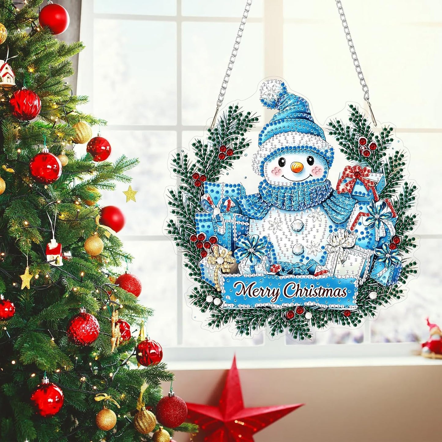 MEIYUDA Christmas Hanging Diamond Art Kits for Adult, Snowman Wreath Diamond Painting Hanging Kits Ornaments, DIY Special Shaped Rhinestone Window Pendants kit for Home Garden Wall Decor Gift