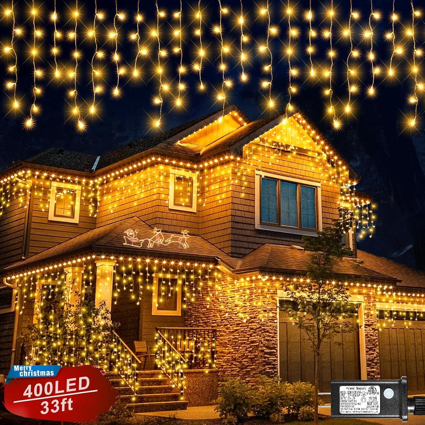 Icicle Lights for Outside, 33FT 400 LED Icicle Christmas Lights Outdoor, Waterproof & 8 Modes & Timer, Plug in Twinkle String Light for Indoor Patio Party Wedding Xmas Holiday Decorations, Warm White