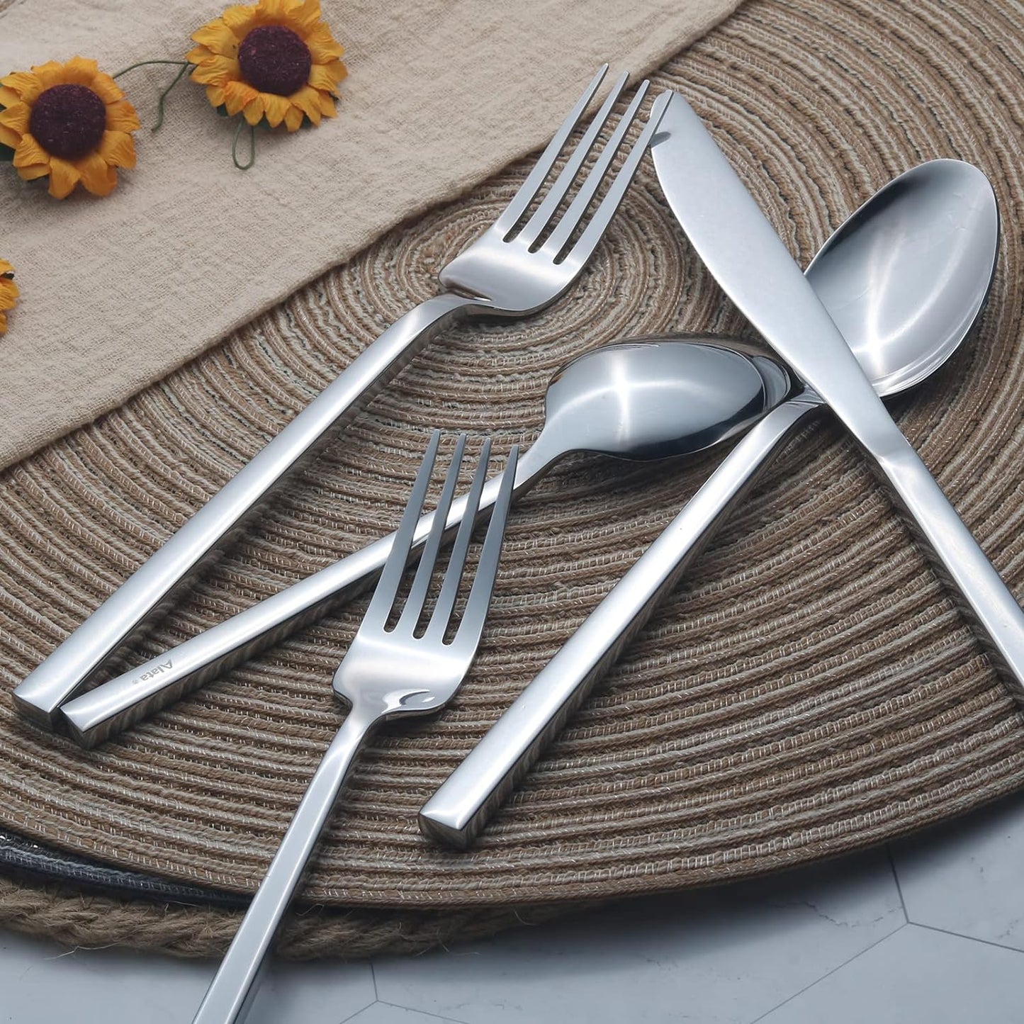 Alata Cube 60-Piece Forged Stainless Steel Flatware Set Cutlery Set, Silverware Set Service for 12, Mirror Finish, Dishwasher Safe