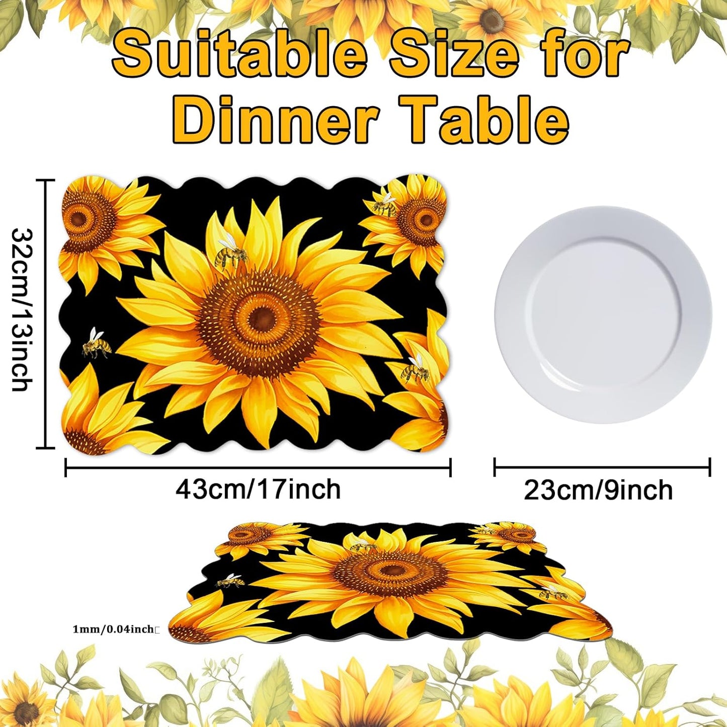Sunflower Placemats Set of 6 Summer Plastic Table Mats Summer Floral Place Mats Washable Vinyl Seasonal Spring Sunflower Table Decoration for Indoor Outdoor Party Kitchen Dining