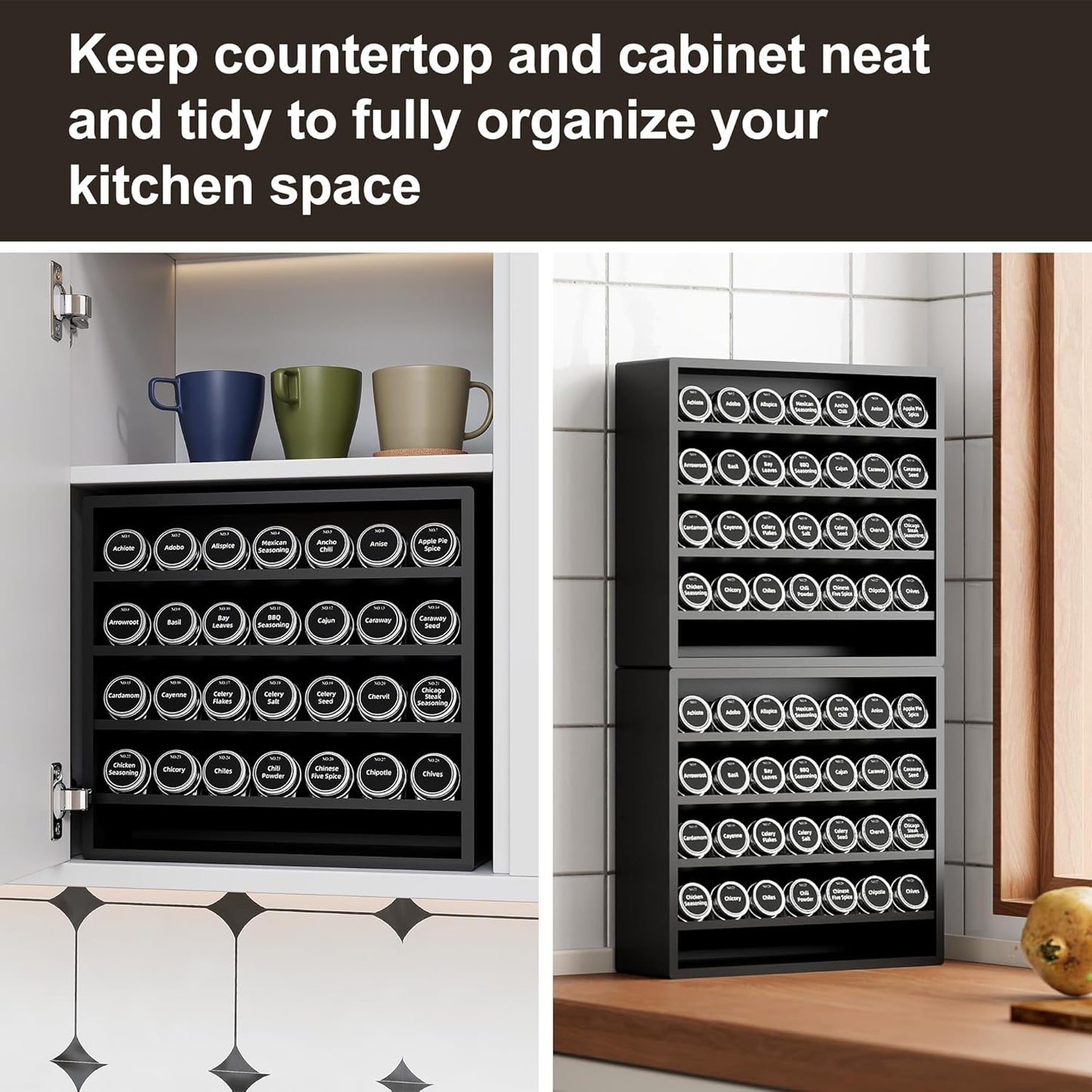 Orimade 4 Tier Spice Rack Organizer for Cabinet, Freestanding Bamboo Seasoning Rack for Countertop, Cupboard, Pantry, Kitchen, 13.18 x 4.13 x 12.2 inches(Spice Jars Not Included), Black