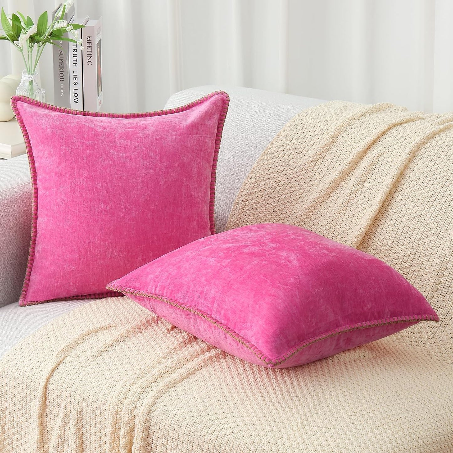 decorUhome Chenille Soft Throw Pillow Covers 20x20 Set of 2, Farmhouse Velvet Neutral Decorative Euro Pillow Covers with Stitched Edge for Couch Sofa Bed Home Decor, Hot Pink