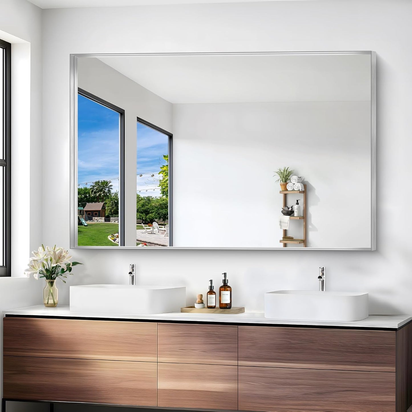 Silver Bathroom Mirror, 36x55 Inch Rectangular Deep Frame Mirror, Large Wall Mounted Bathroom Vanity Mirror Over Sink for Bedroom,Restroom, Living Room, Hangs Vertically or Horizontally