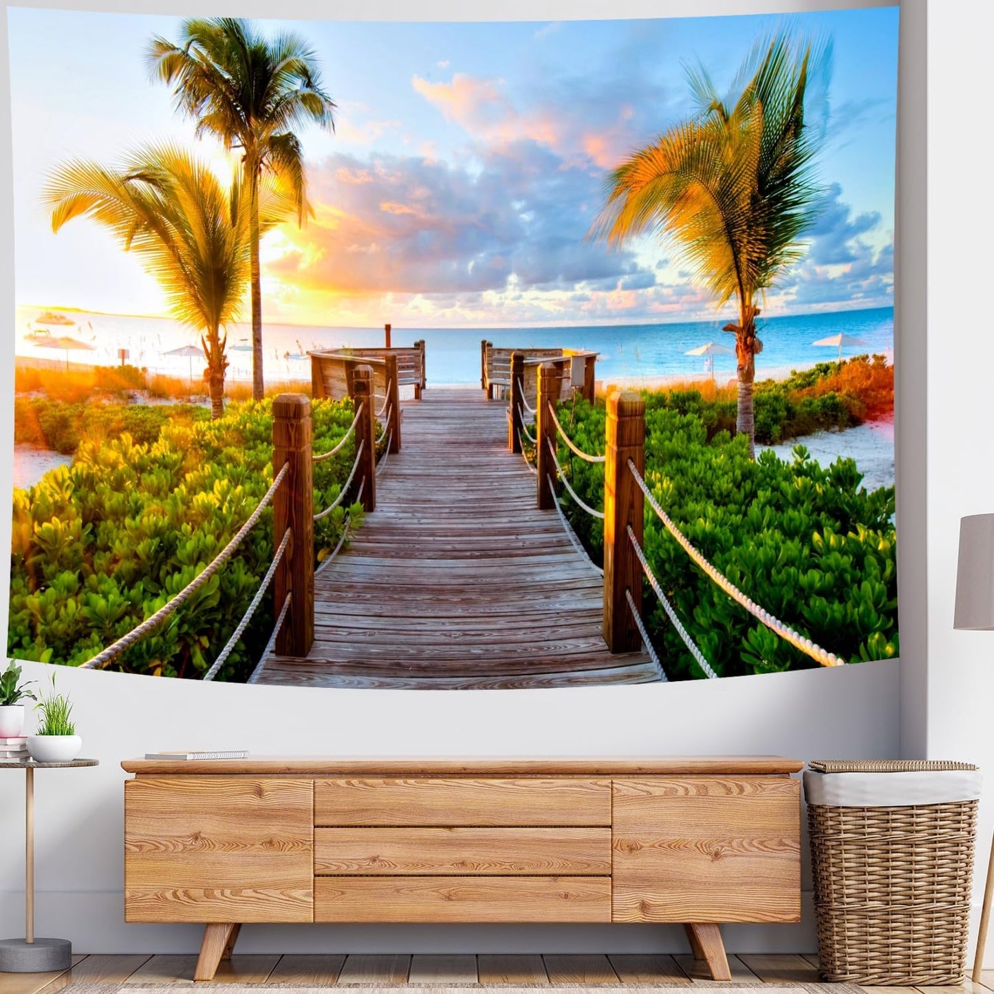 Delur Beach Sunset Tapestry Tropical Seaside Palm Tree Coastal Tapestry Wall Hanging Sunrise Nature Landscape Scenic Psychedelic Headboard for Bedroom Living Room Home Decor (59.1" x 78.7")