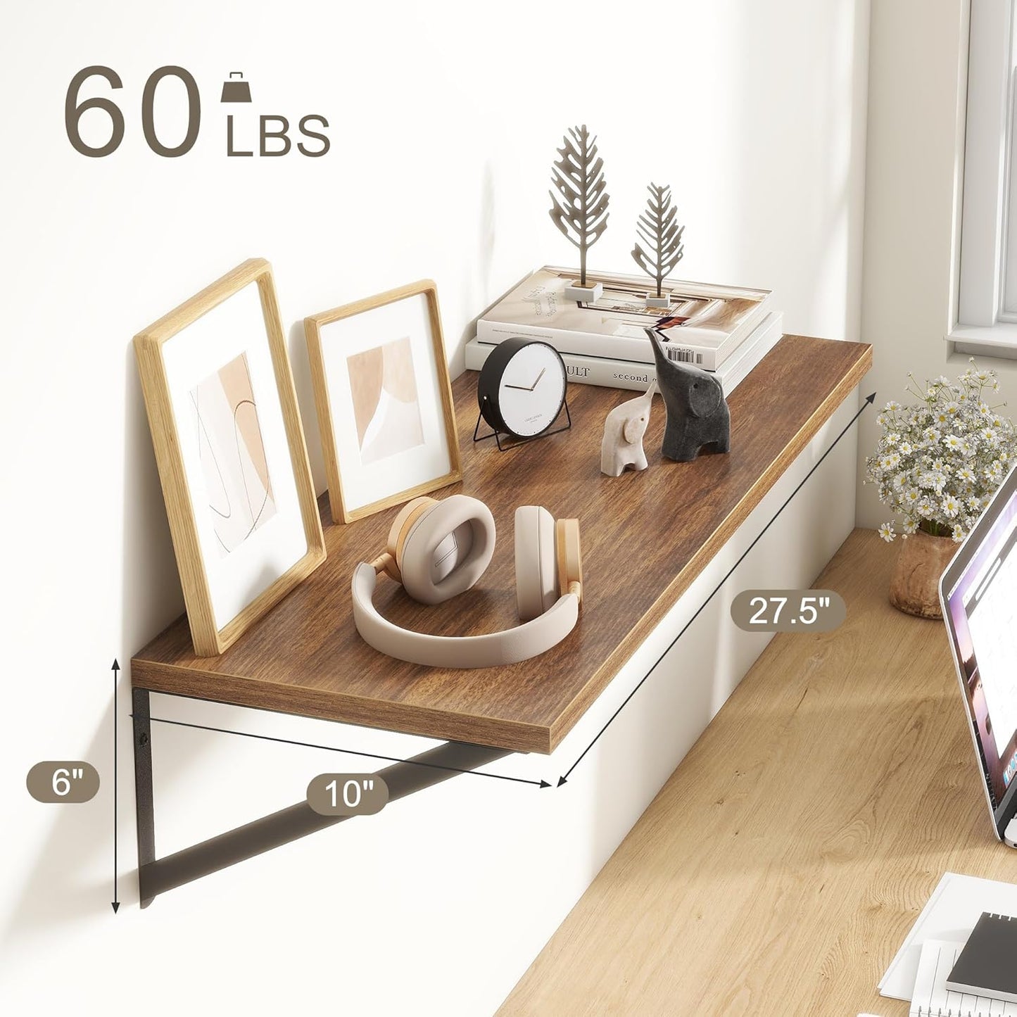 Fun Memories 27.5" W x10 D Floating Shelves, Large Wall Shelves 27.5 Inch Long, Set of 2, Farmhouse Wood Floating Shelf Wall Mounted, Deep Shelves for Bathroom, Living Room, Kitchen, Walnut Color