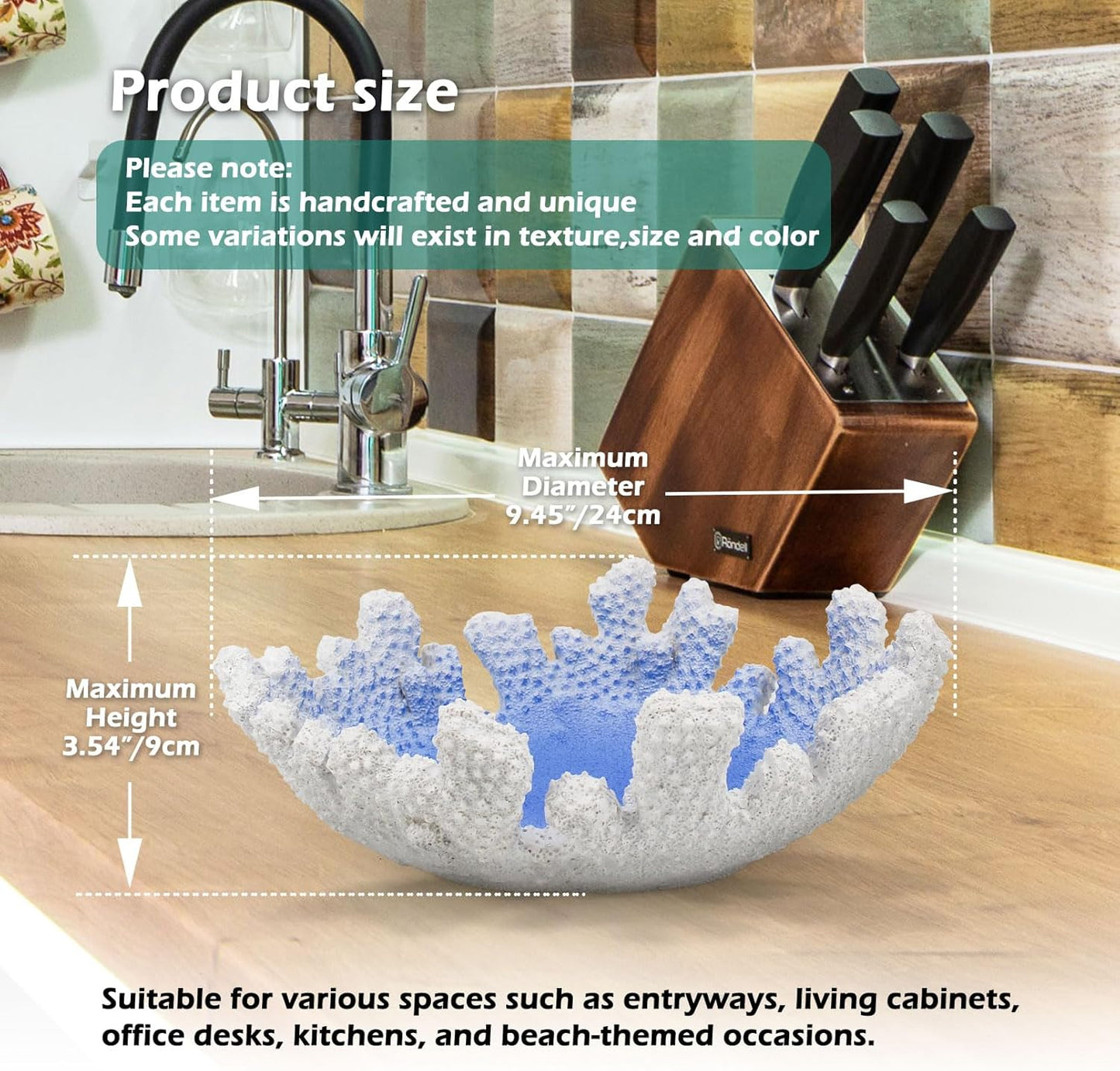 Santorini Blue Coral reef Textured Decorative Bowl,9.45" Medium Resin Decorative Centerpiece Bowl for Coastal Beach theme house table centerpiece decorations & Nautical decorations for coffee table