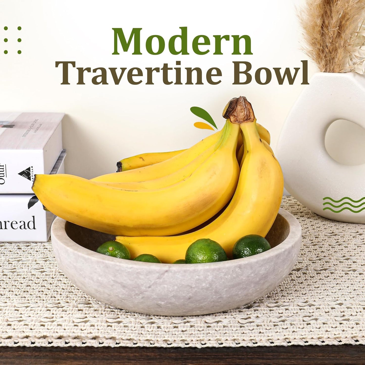 Travertine Decorative Bowl - 7.8” Diameter & 2” Height - Key Bowl for Entryway Table - Organic Modern Centerpiece - White/Gray