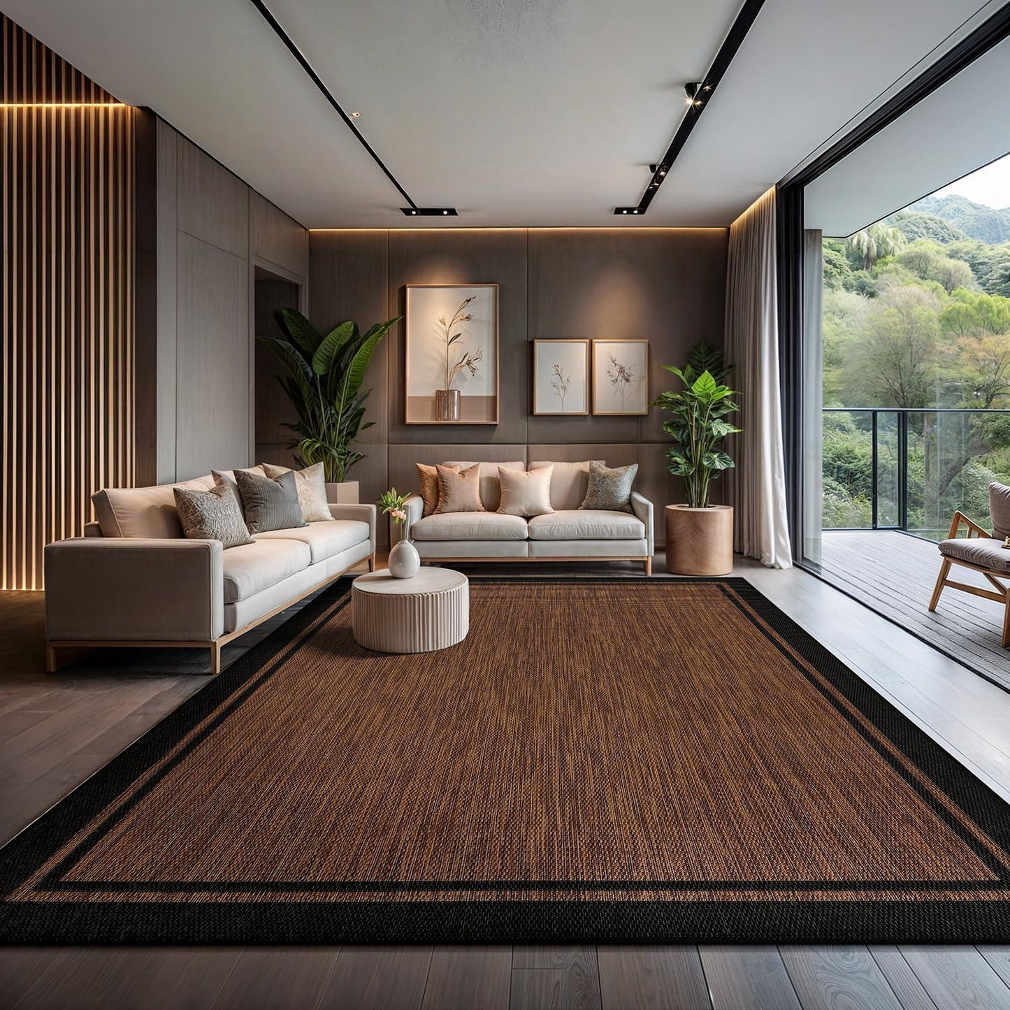 CAMILSON Indoor Outdoor Rug, 9x12 Bordered Nut Brown Black Modern Area Rugs for Indoor and Outdoor Patios, Kitchen and Hallway Mats, Washable Porch Deck Outside Carpet (Border Nut Brown Black, 9 x 12)