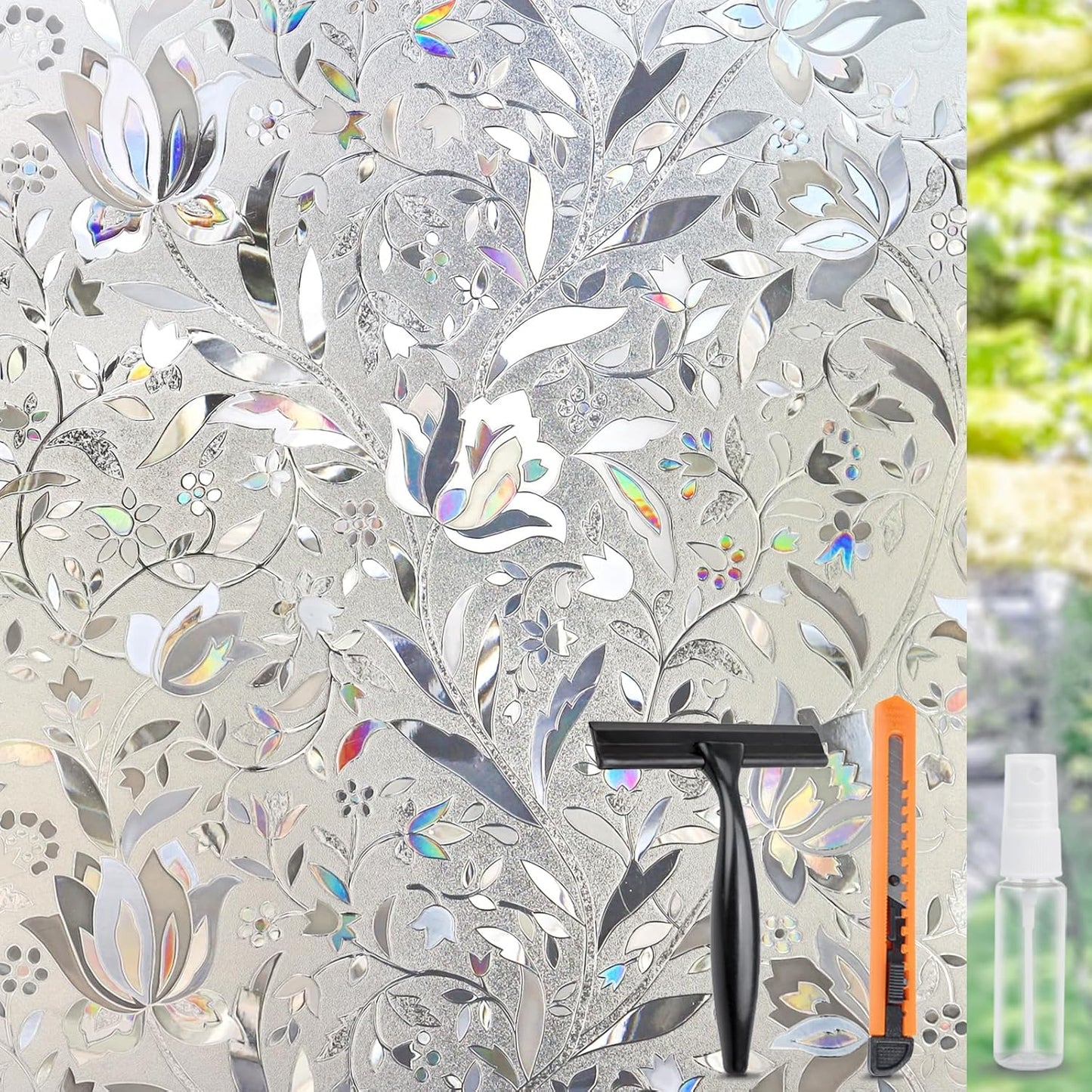 HIDBEA Window Privacy Film, 3D Stained Glass Static Cling - Sun Blocking Anti-UV Heat Control, Reusable Decorative Film for Home/Office Doors, Rainbow Tulip Design (35.4 in x 78.7 in)