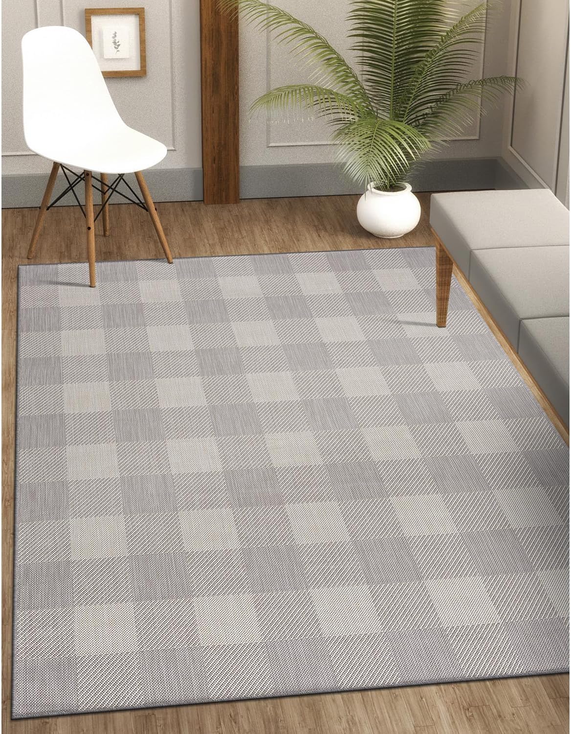 CAMILSON Outdoor Rug - Modern Area Rugs for Indoor and Outdoor Patios, Kitchen and Hallway mats - Easy Cleaning Non Shedding Washable Outside Carpet (5x7, Buffalo - Grey/White)