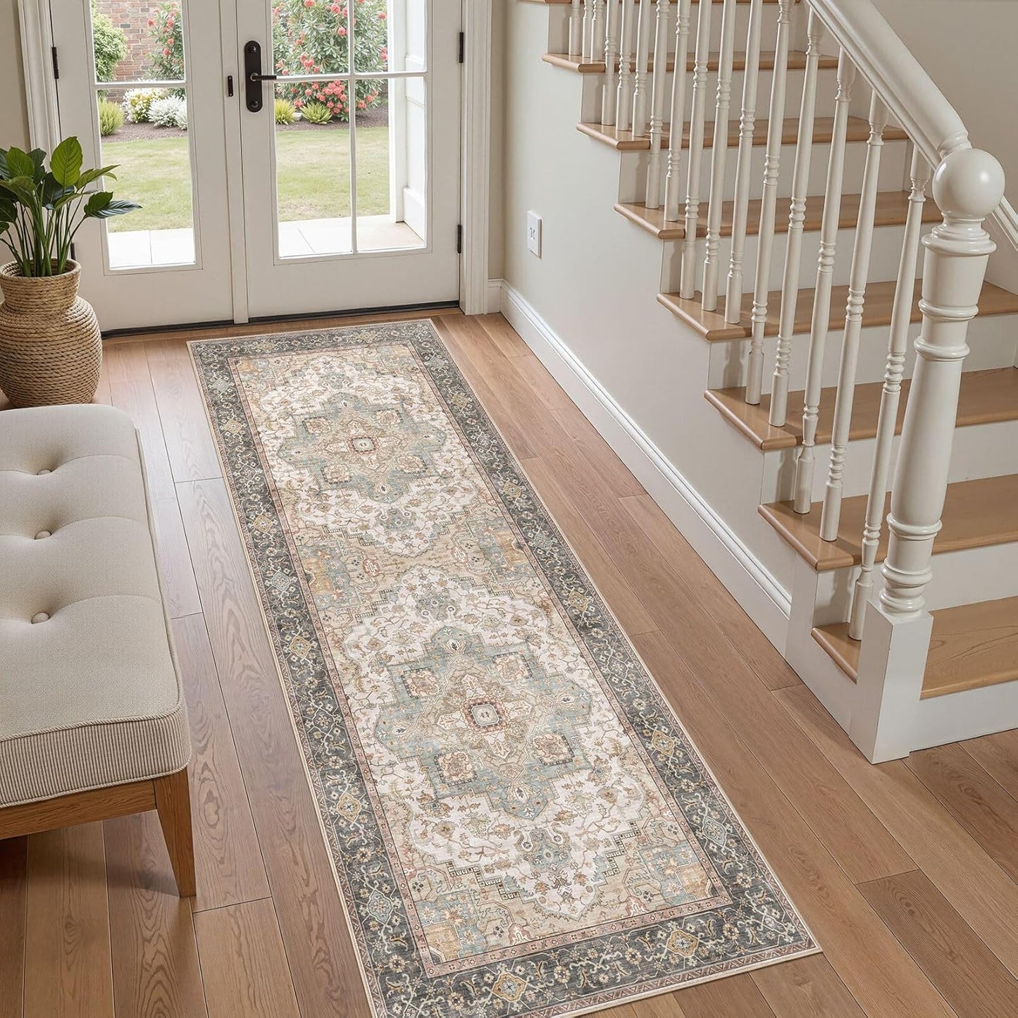 Washable 2x6 Runner Rug - Area Rugs Neutral Vintage Distressed Floral Farmhouse Boho Large Soft Floor Rug Indoor Carpet for Hallway Entryway Bedroom Kitchen - Forest Green Orange