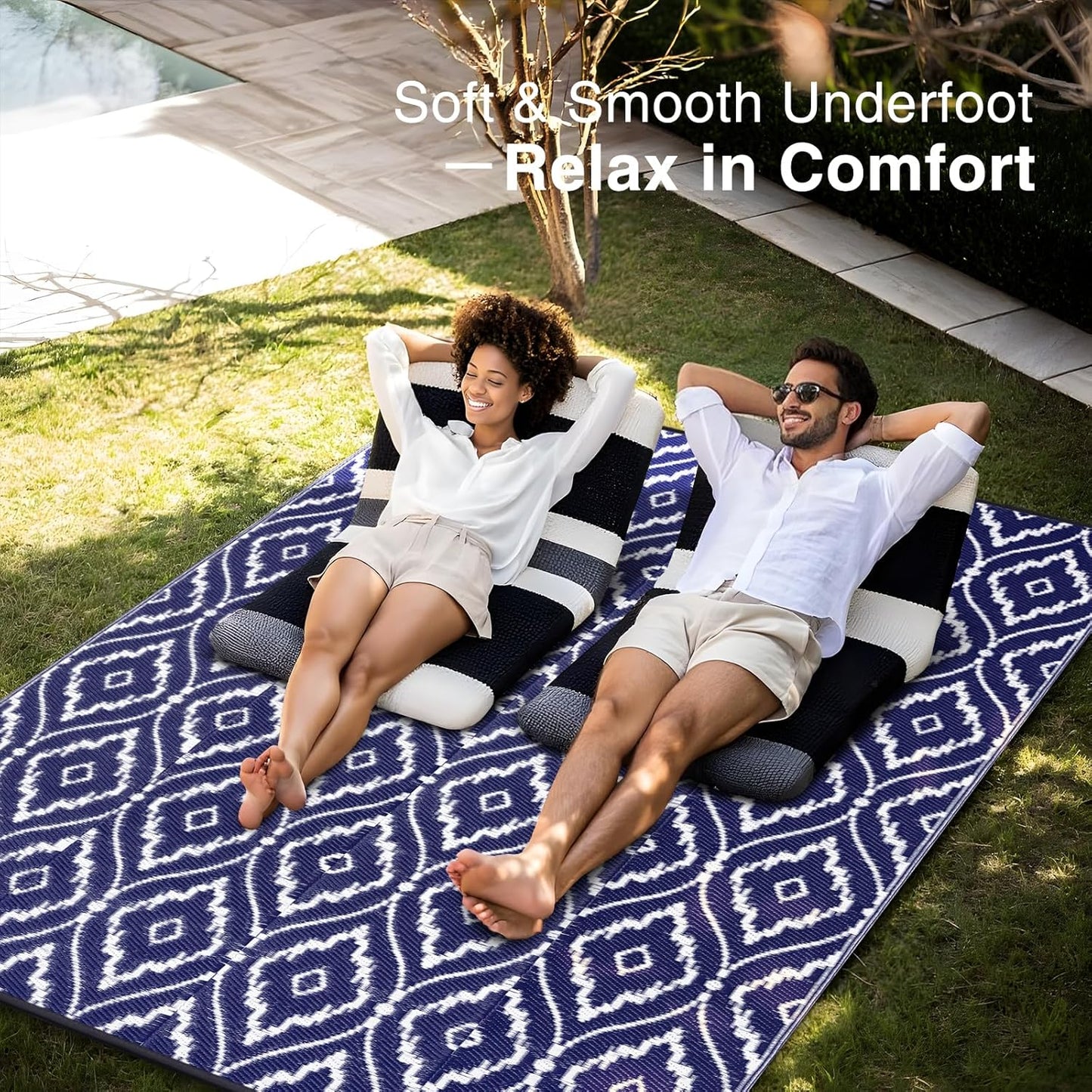 OLANLY Outdoor Rug 8x10 ft Waterproof, Outdoor Plastic Straw Rug with Geometric Pattern Clearance, Reversible RV Mat for Patio, Camping, Balcony, Deck, Backyard, Navy & White