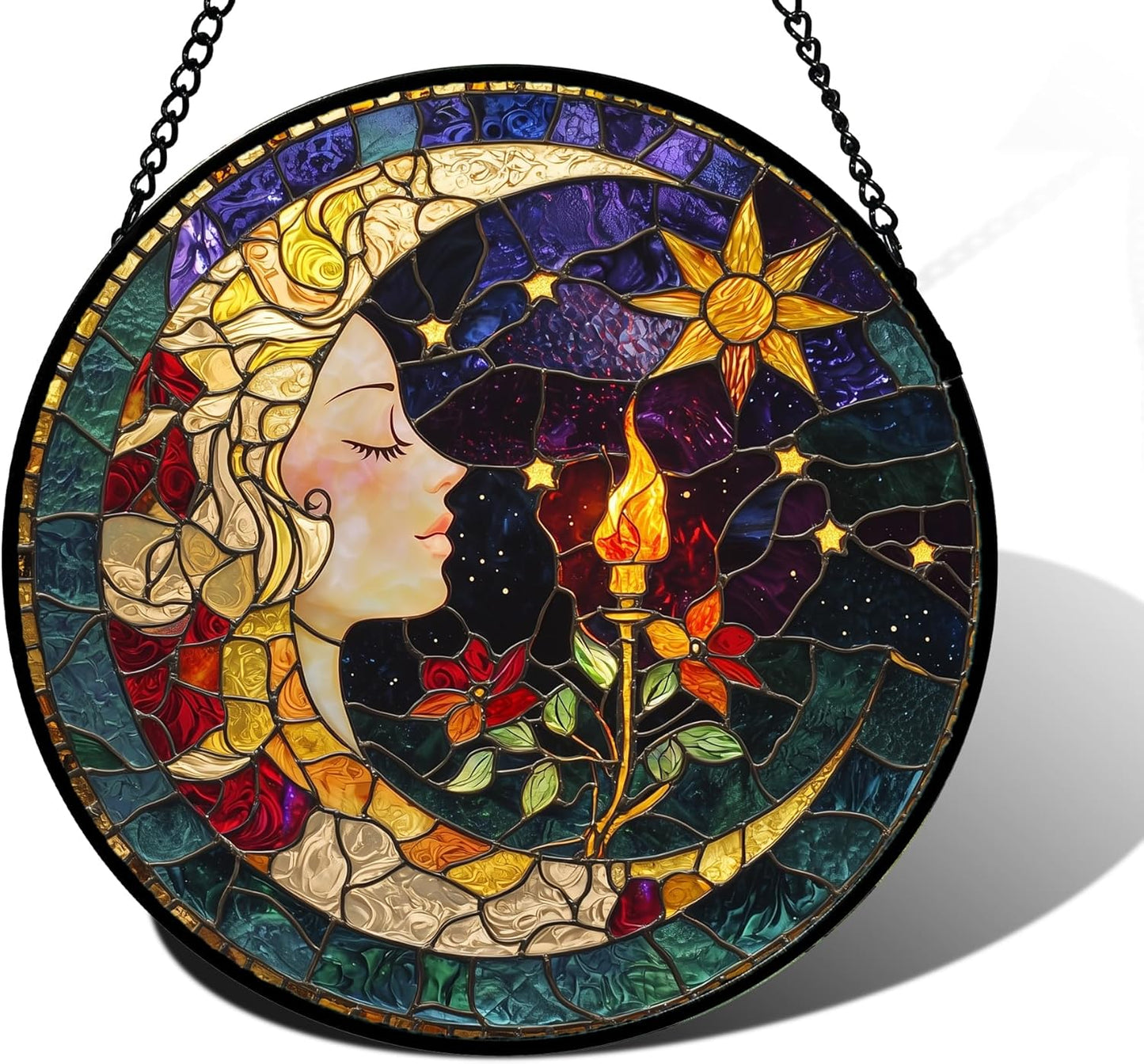 Stained Glass Window Hanging, Moon Goddess Torch Suncatcher Diamond Glass Panel Hangings Dream Sun Catchers Decor for Birthday for Women, Men, Wife, Aunt, and Mom 9.8 in
