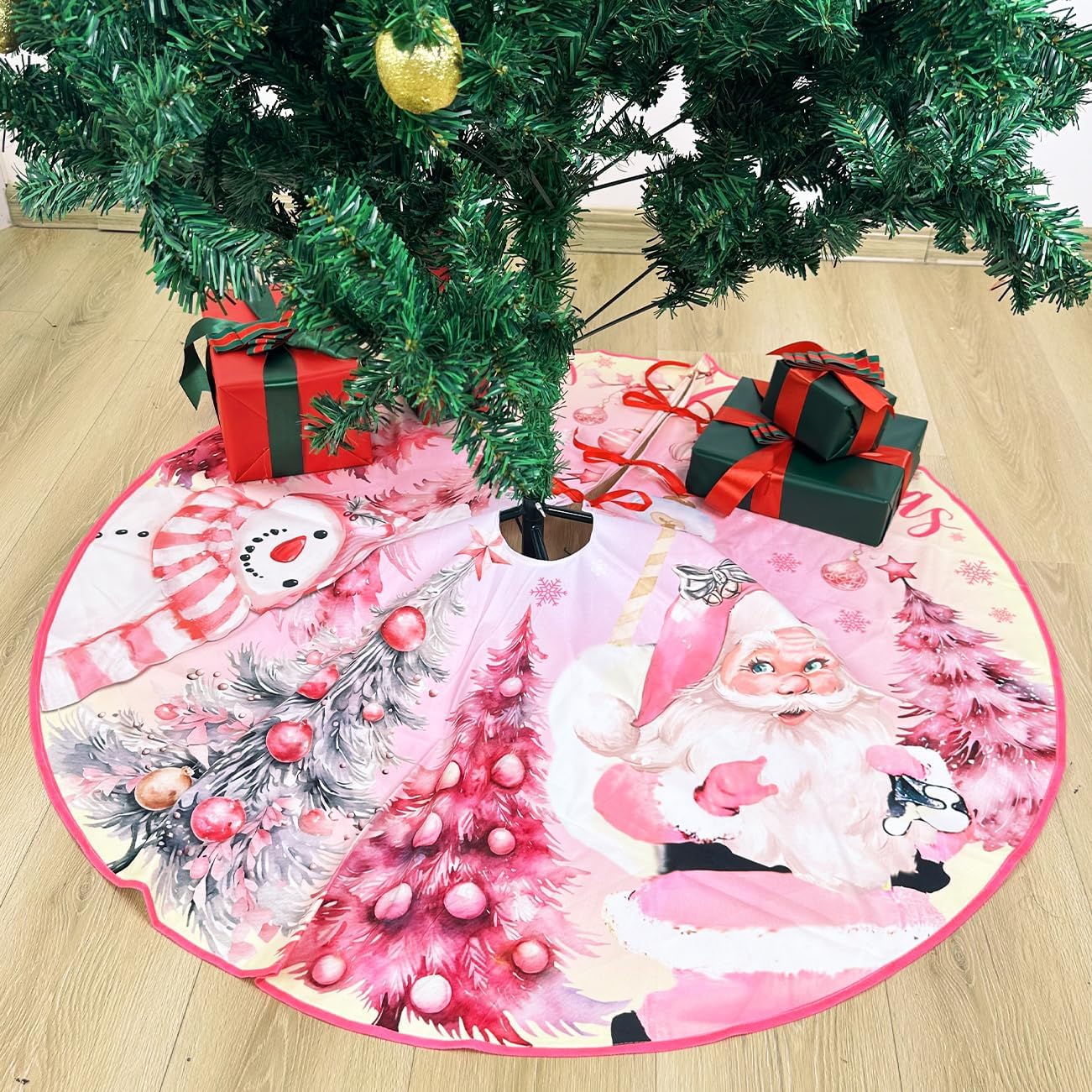 Pink Christmas Tree Skirt 48 Inch Pink Christmas Decorations Merry Christmas Santa Snowman Tree Skirt Mat Christmas Tree Decorations for Xmas Holiday Party Indoor Outdoor