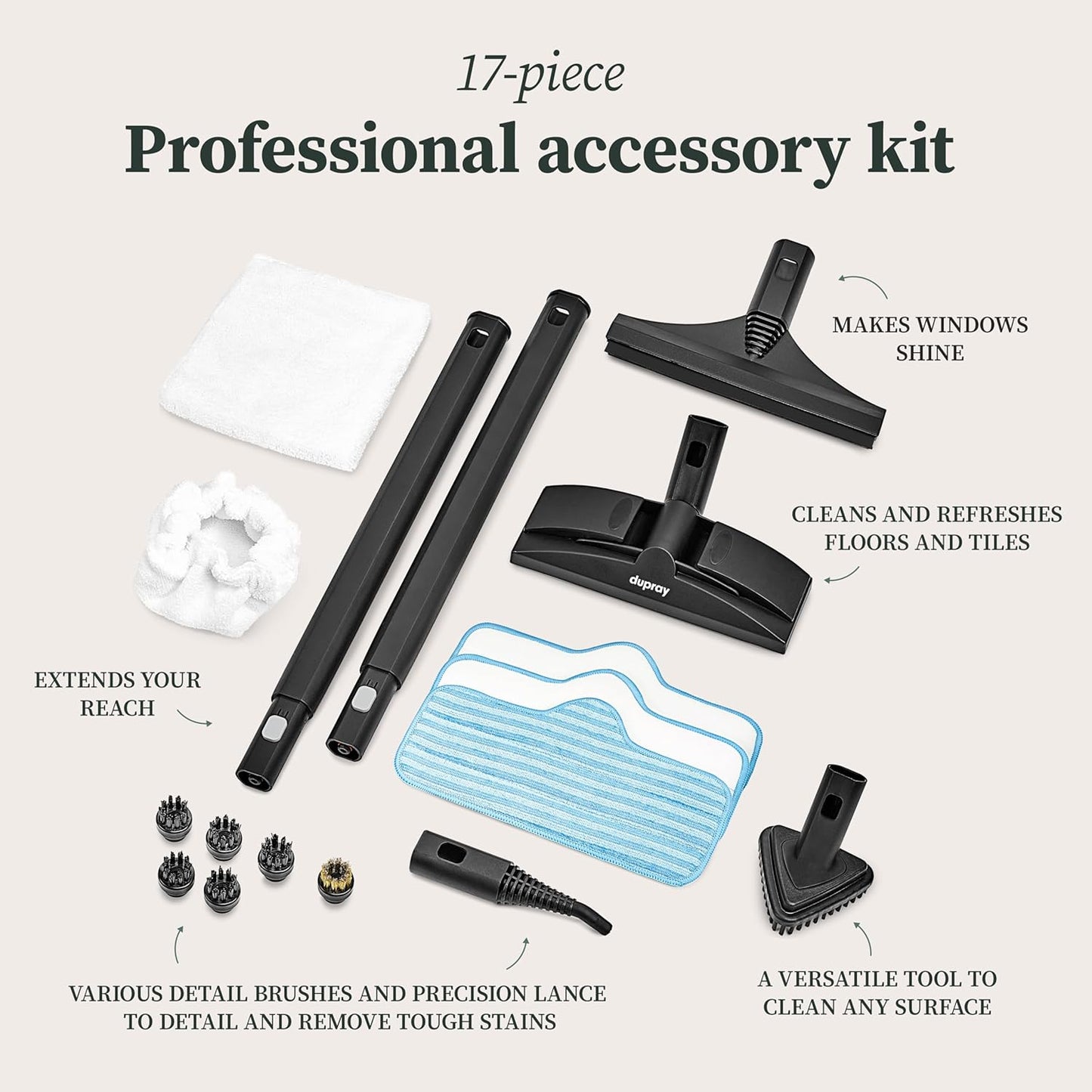 Dupray Neat Steam Cleaner with 17-Piece Kit – Powerful, chemical-free cleaning for floors, cars, tiles, upholstery, kitchen appliances, grout, and more. *Kills 99.9% of Bacteria and Viruses
