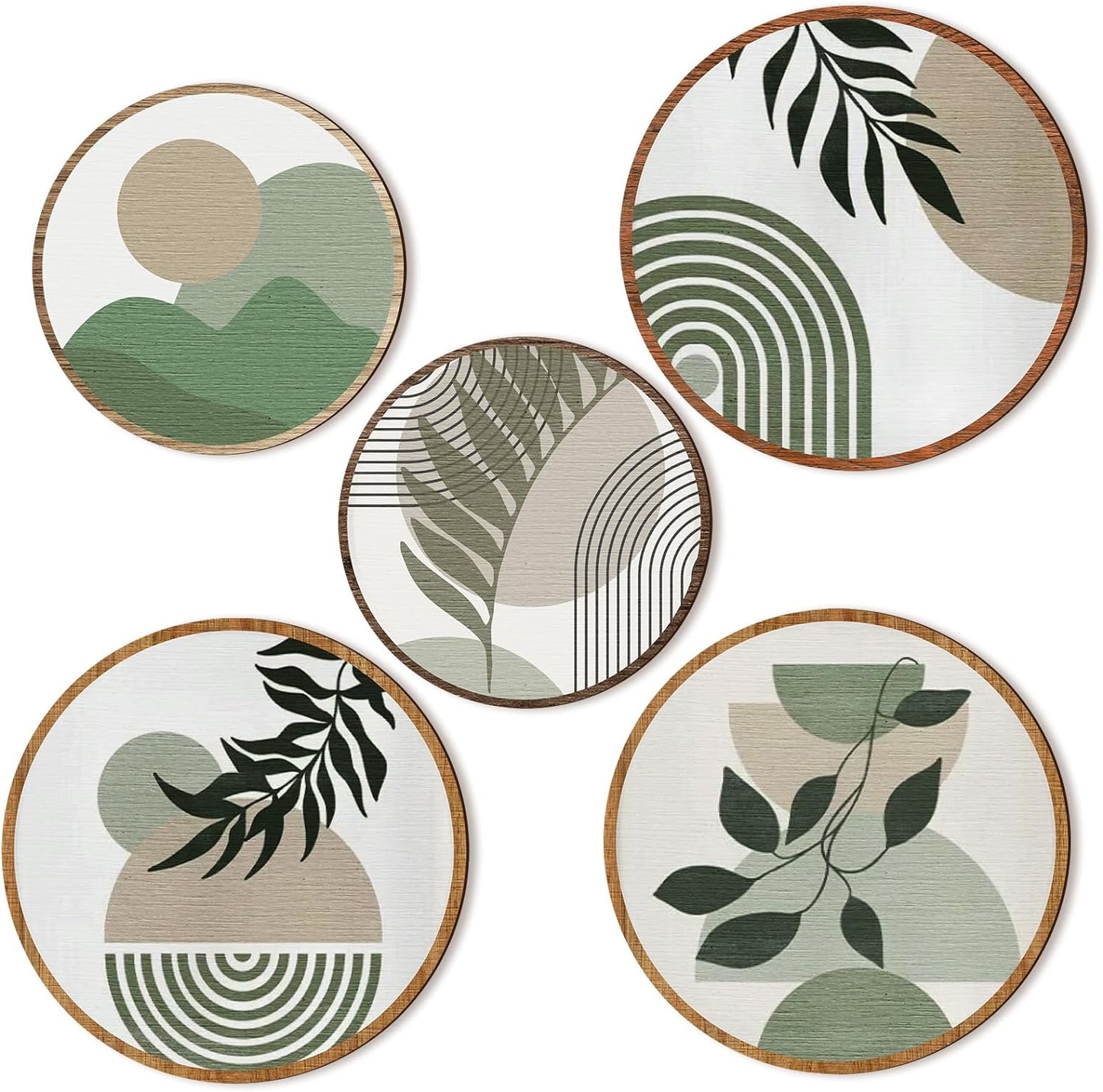 Qunclay 5 Pcs Wall Art Decor Wooden Living Room Wall Decor Bohemian Hanging Farmhouse Geometric 10'' and 8'' Aesthetic Wood Minimalist Posters for Bedroom(Greenery)