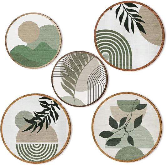 Qunclay 5 Pcs Wall Art Decor Wooden Living Room Wall Decor Bohemian Hanging Farmhouse Geometric 10'' and 8'' Aesthetic Wood Minimalist Posters for Bedroom(Greenery)