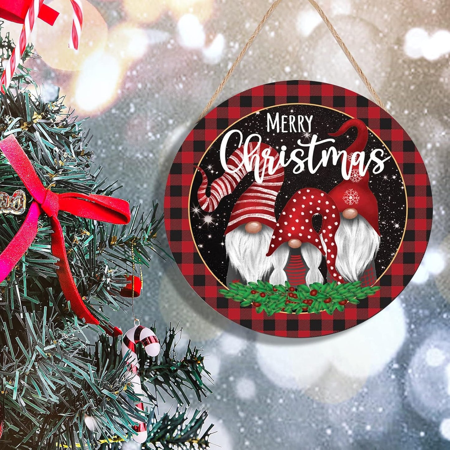 Christmas Gnome Wooden Hanging Sign Door Decoration,Merry Christmas Welcome Sign Front Door with Three Dwarfs for Christmas Home Window Wall Farmhouse Indoor Outdoor