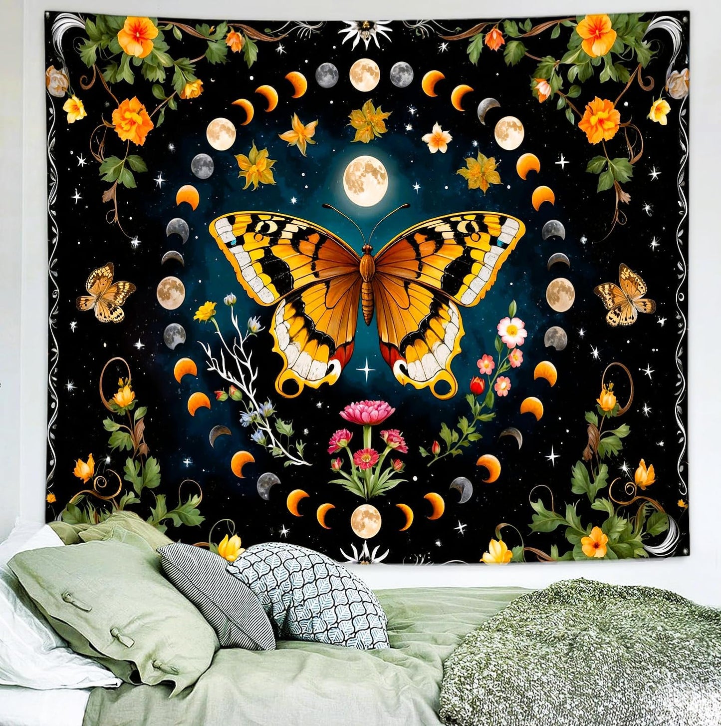 Delur Butterfly Moon Flower Tapestry Botanical Floral Plant Boho Tapestry Wall Hanging Mandala Aesthetic Mushroom Retro Vintage Headboard for Bedroom Living Room Home Decor (59.1" x 78.7")