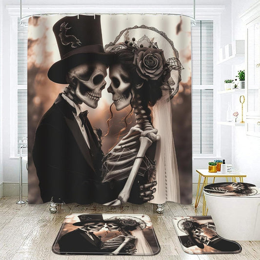 NEWSUYAA Halloween Decorations Shower Curtain Set with Non-Slip Rugs and Bath Mats,Black Skull Skeleton Bathtub Curtains with 12 Hooks,All Saints'Day (Nov 1st) Bathroom Decor