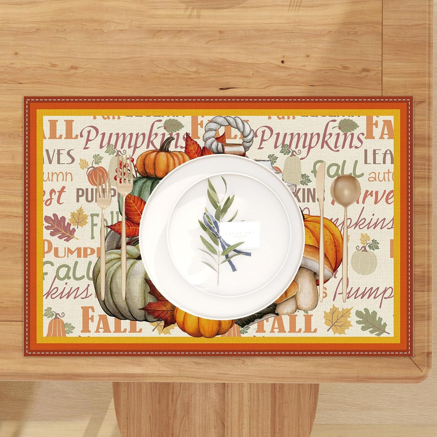 Linen Fall Placemats Set of 4 - Farmhouse Table Mats for Home Decor - Autumn Thanksgiving Kitchen Dining Room Table Decorations