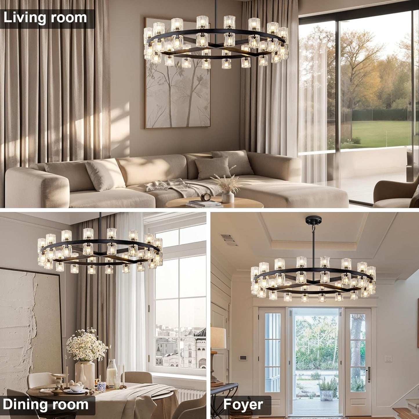 Modern Black Crystal Chandelier,36" K9 Crystal Chandeliers for Dining Room Over Table,Wagon Wheel Chandeliers for Dining Room,Living Room,Foyer,Includes 36XG4 Bulbs