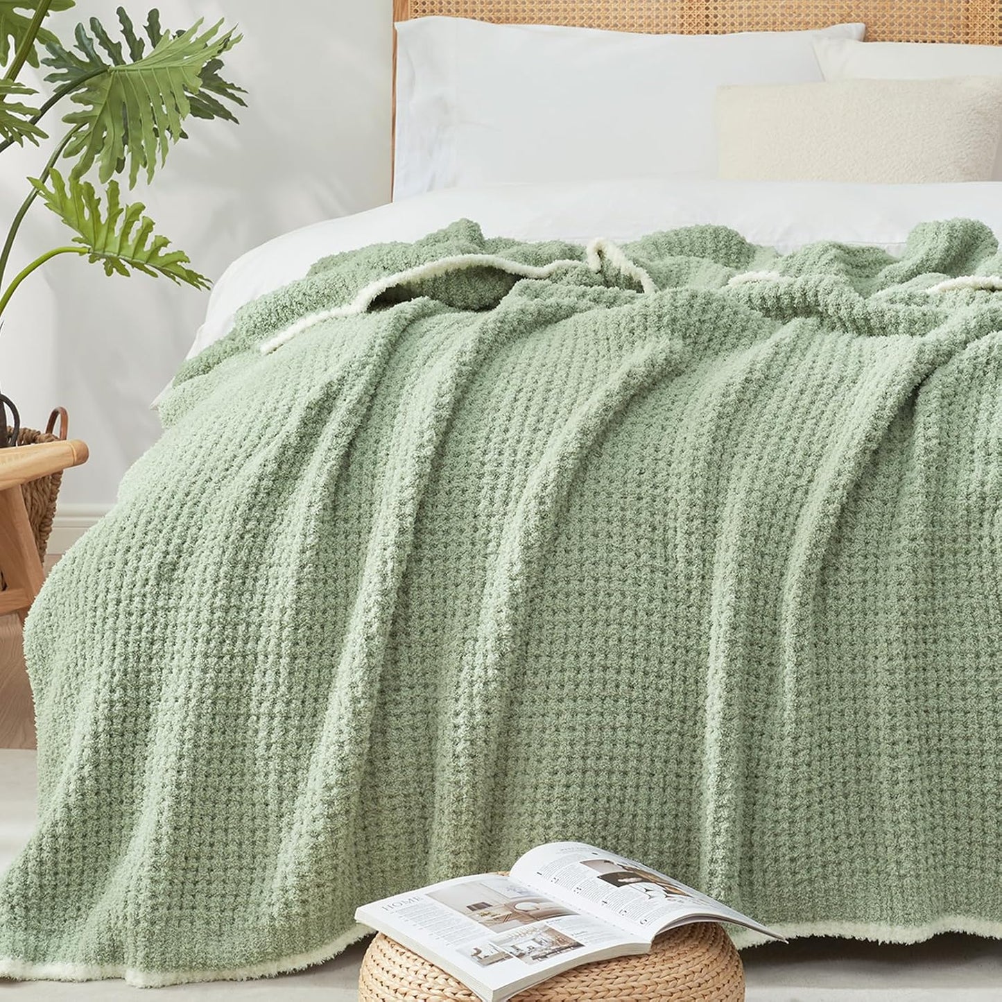 Snuggle Sac Sage Green Waffle Throw Blanket for Couch Bed Sofa 60x80 inches, Reversible Sage Green Blanket Microfiber Fluffy Fuzzy Cozy Knit Twin Blanket for Women Mothers Birthday Gifts
