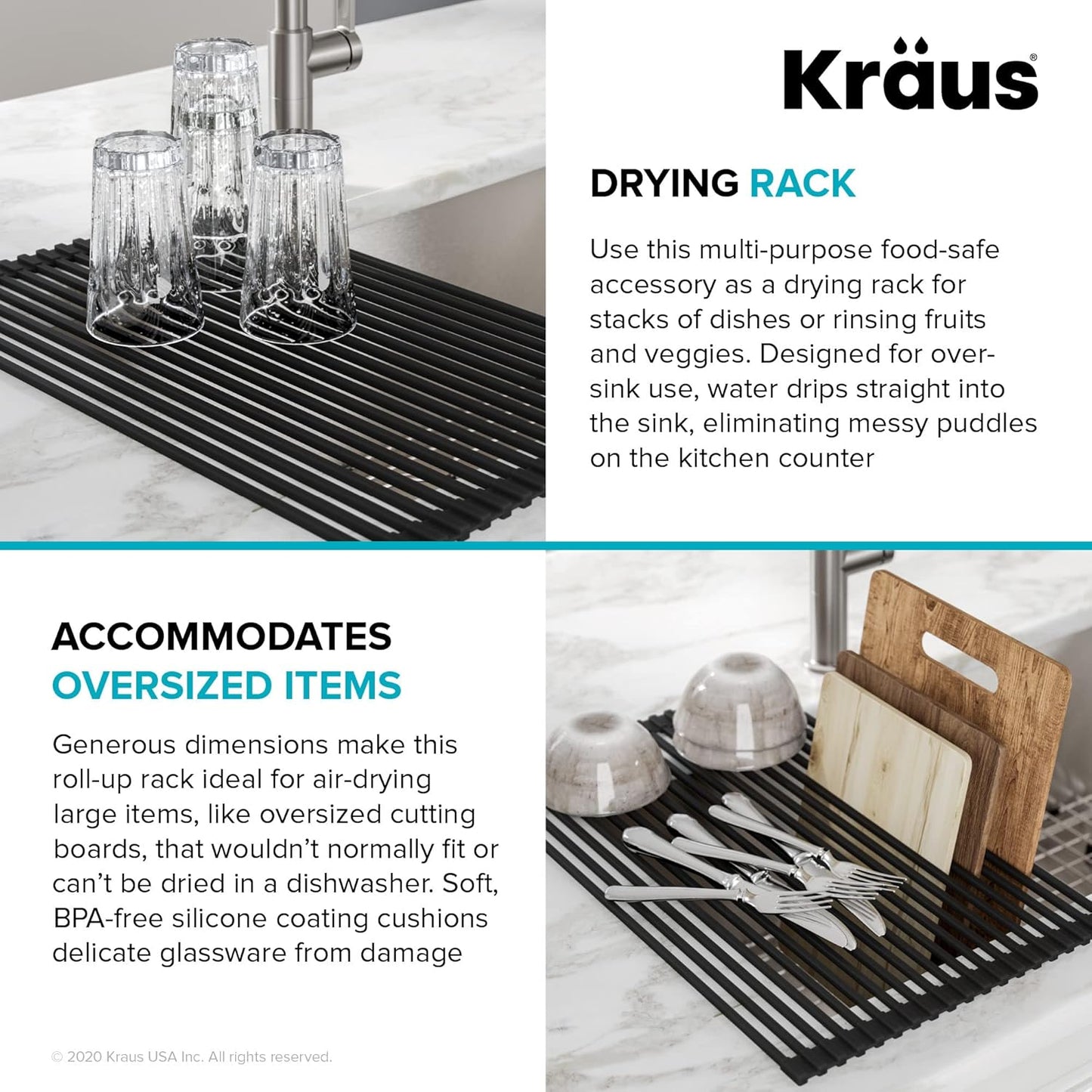 Kraus Roll Up Dish Drying Rack with Self-Draining Silicone Dish Drying Mat and Silicone Soap Dish Holder in Dark Grey, KDM-KRM-10DG