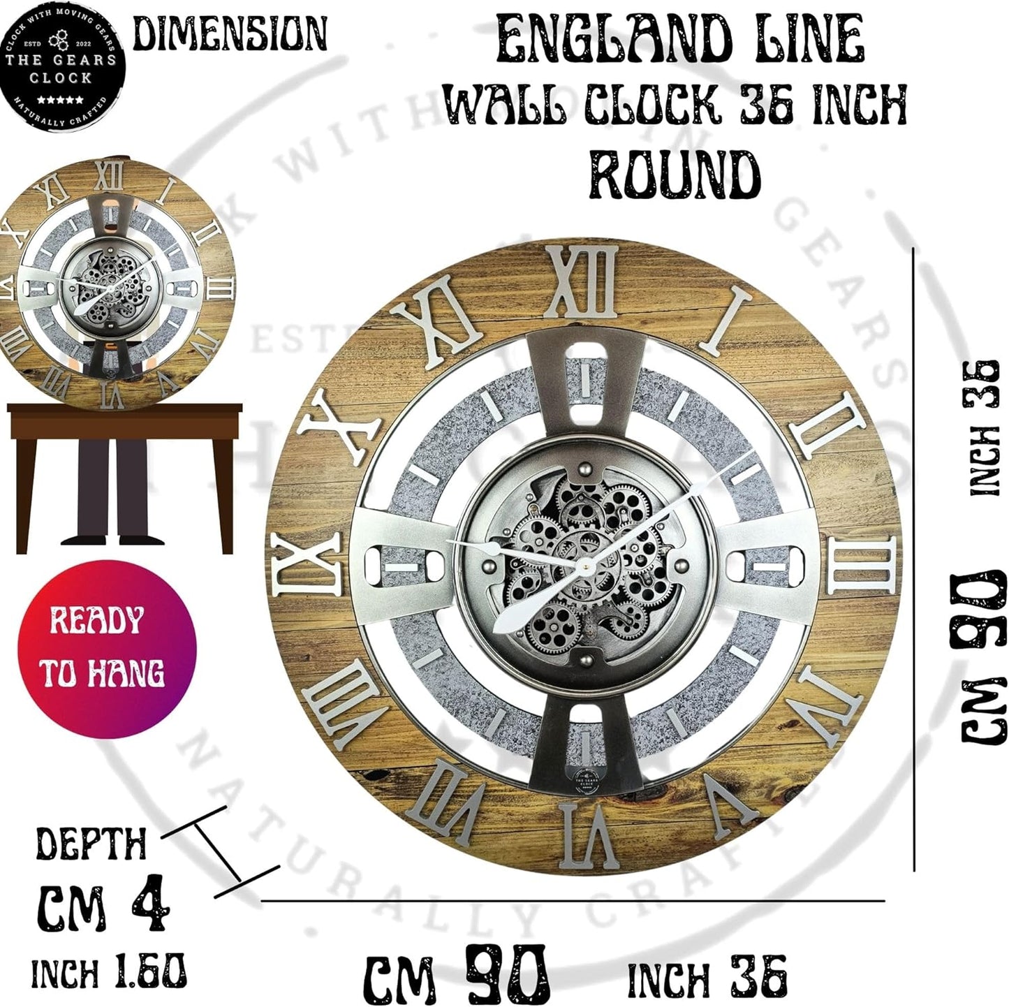 The Gears Clock Real Moving Gear Wall Clock England Line (Ocean Blue, 36 inches (90 cm))