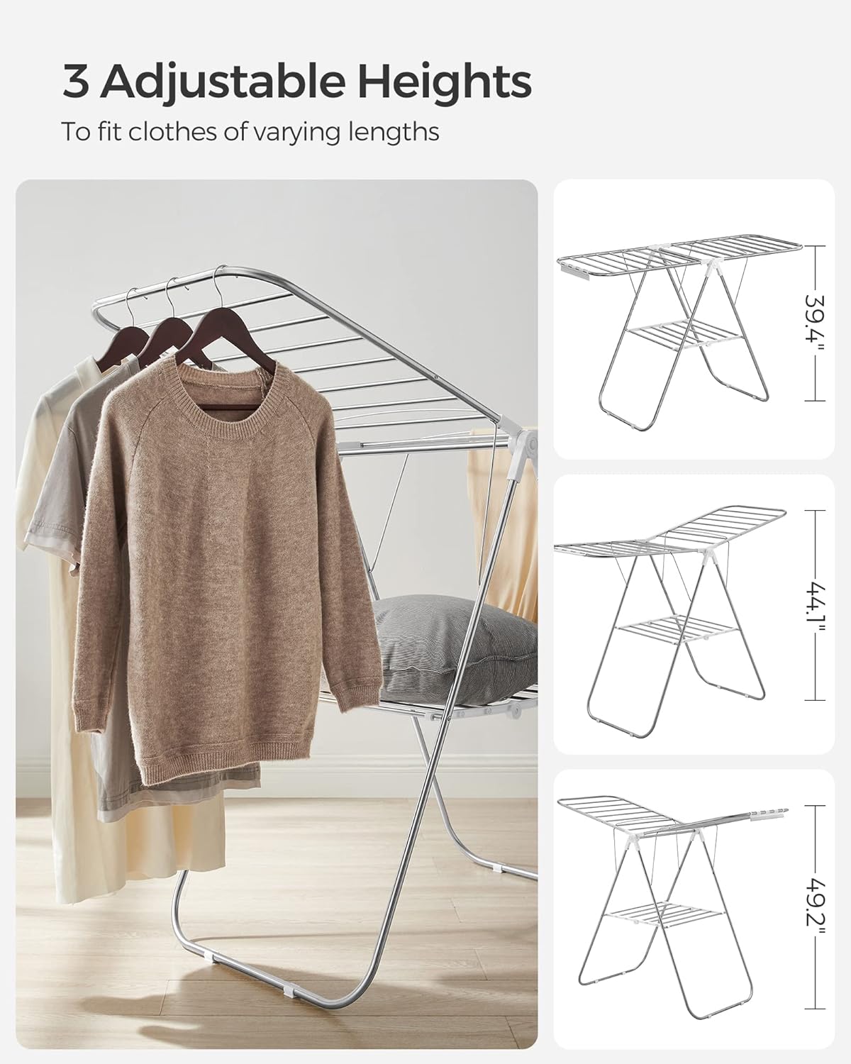 SONGMICS Clothes Drying Rack, with Sock Clips, Metal Laundry Rack, Foldable, Space-Saving, Free-Standing Airer, with 2 Height-Adjustable Gullwings, Indoor Outdoor Use, Silver and White ULLR052W01