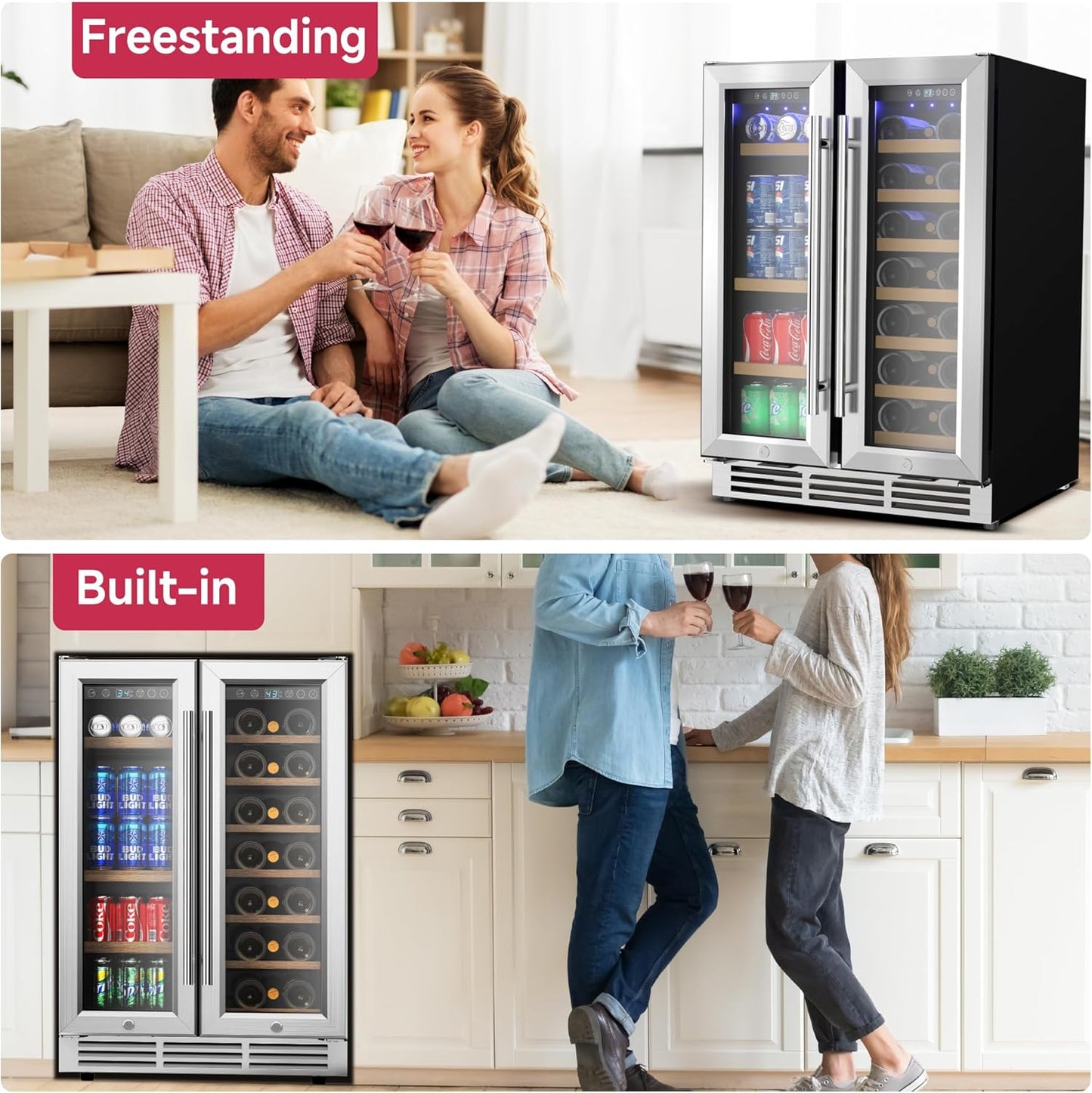 24" Wine and Beverage Refrigerator, Dual Zone Wine Cooler with Glass Door, Hold 88 Cans & 21 Bottles, Built in or Freestanding Under Counter Wine Fridge with Blue LED Light.