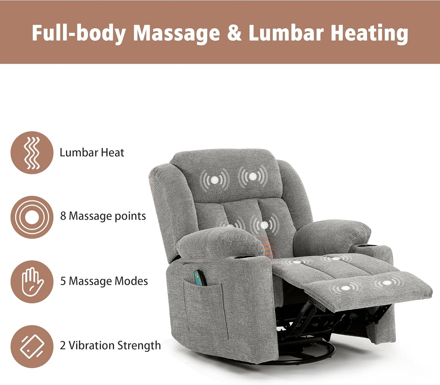 Rocker Swivel Recliner Chair for Adults, Overstuffed Large Manual Recliner Glider with Massage and Heat, Comfy Soft Fabric Living Room Reclining Sofa Chair(Lime Gray)