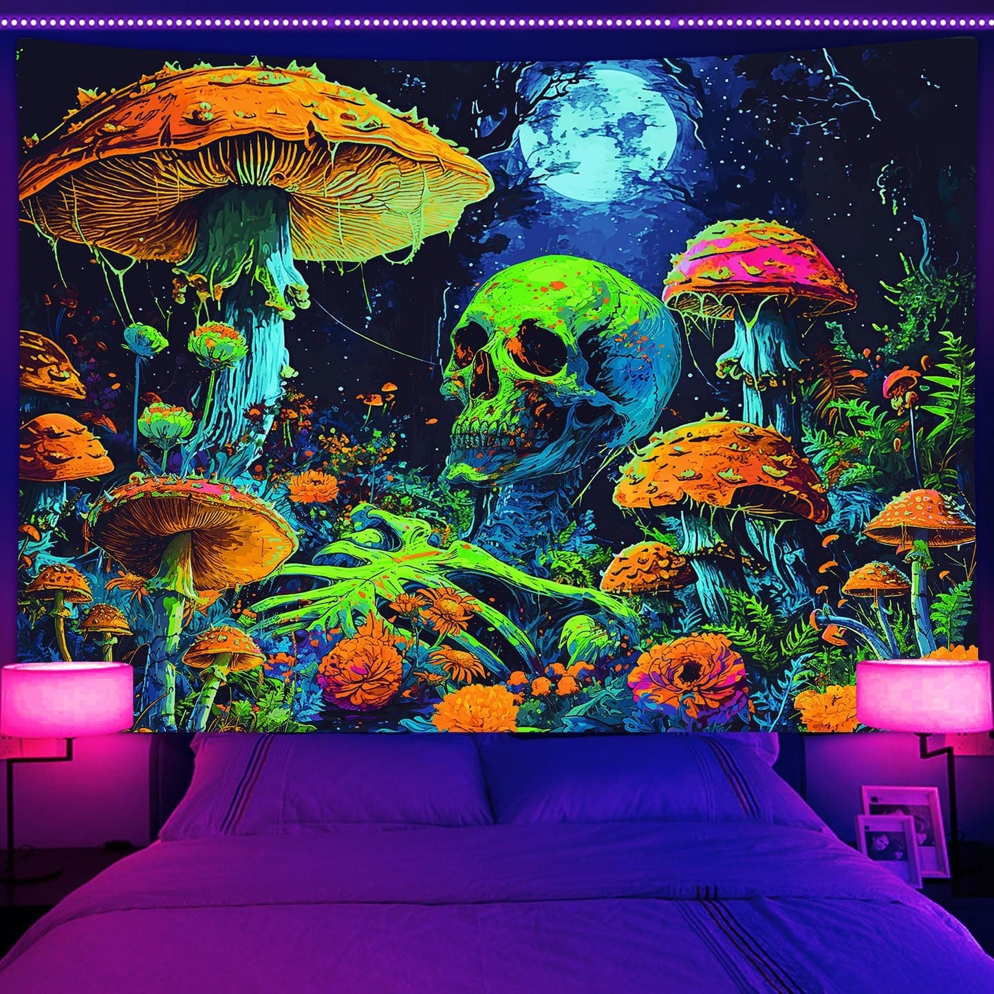 Xiaoput Blacklight Skull Wall Art, UV Reactive Neon Gothic Tapestry for Men, Glow in Dark Trippy Forest Wall Hanging for Home Decor, 80x60IN