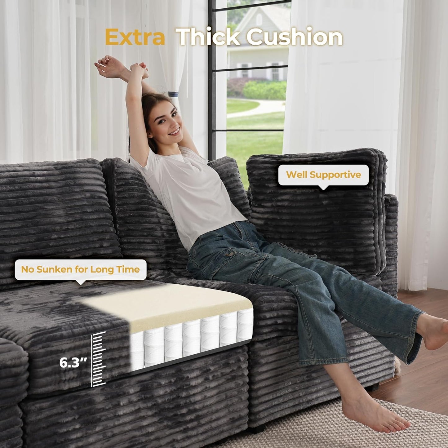 HOOOWOOO Modular Sectional Sofa,6 Pieces Sectional Couches for Living Room,98X98 L Shaped Cloud Couch with Ottoman Chaise Set(Grey Velvet Corduroy)